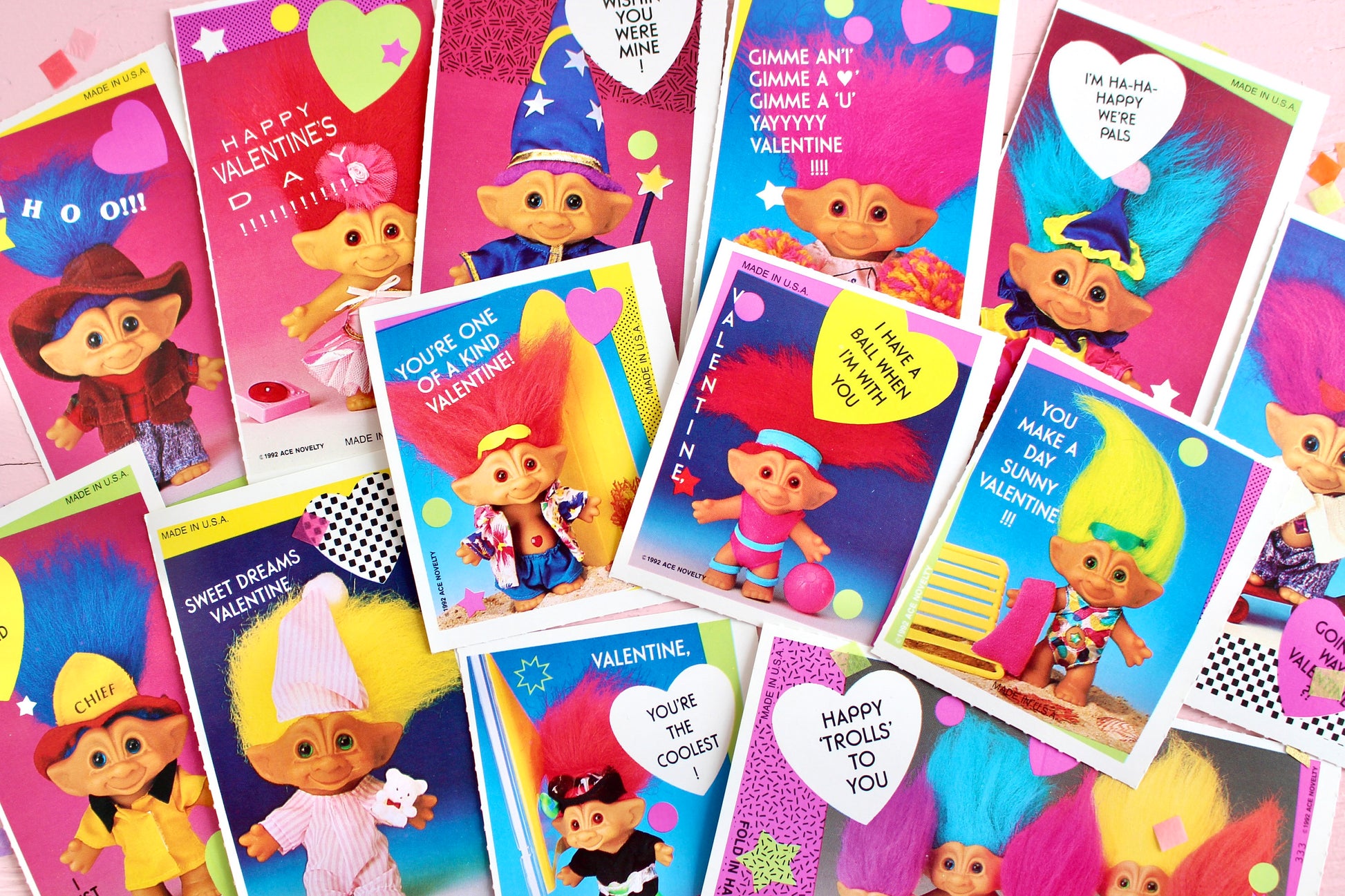 Treasure Troll Vintage Valentine Cards Random Set of 6, 90s Ace Novelty Trolls Classroom Valentines, 1990s Troll Toy Nostalgia