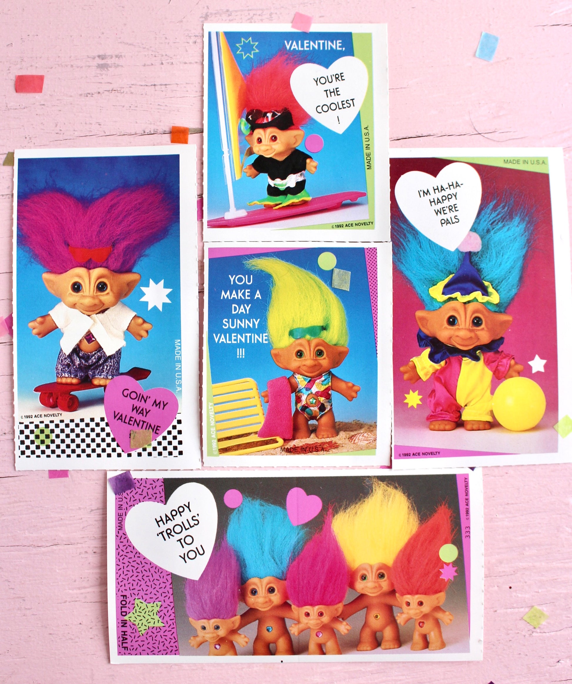 Treasure Troll Vintage Valentine Cards Random Set of 6, 90s Ace Novelty Trolls Classroom Valentines, 1990s Troll Toy Nostalgia