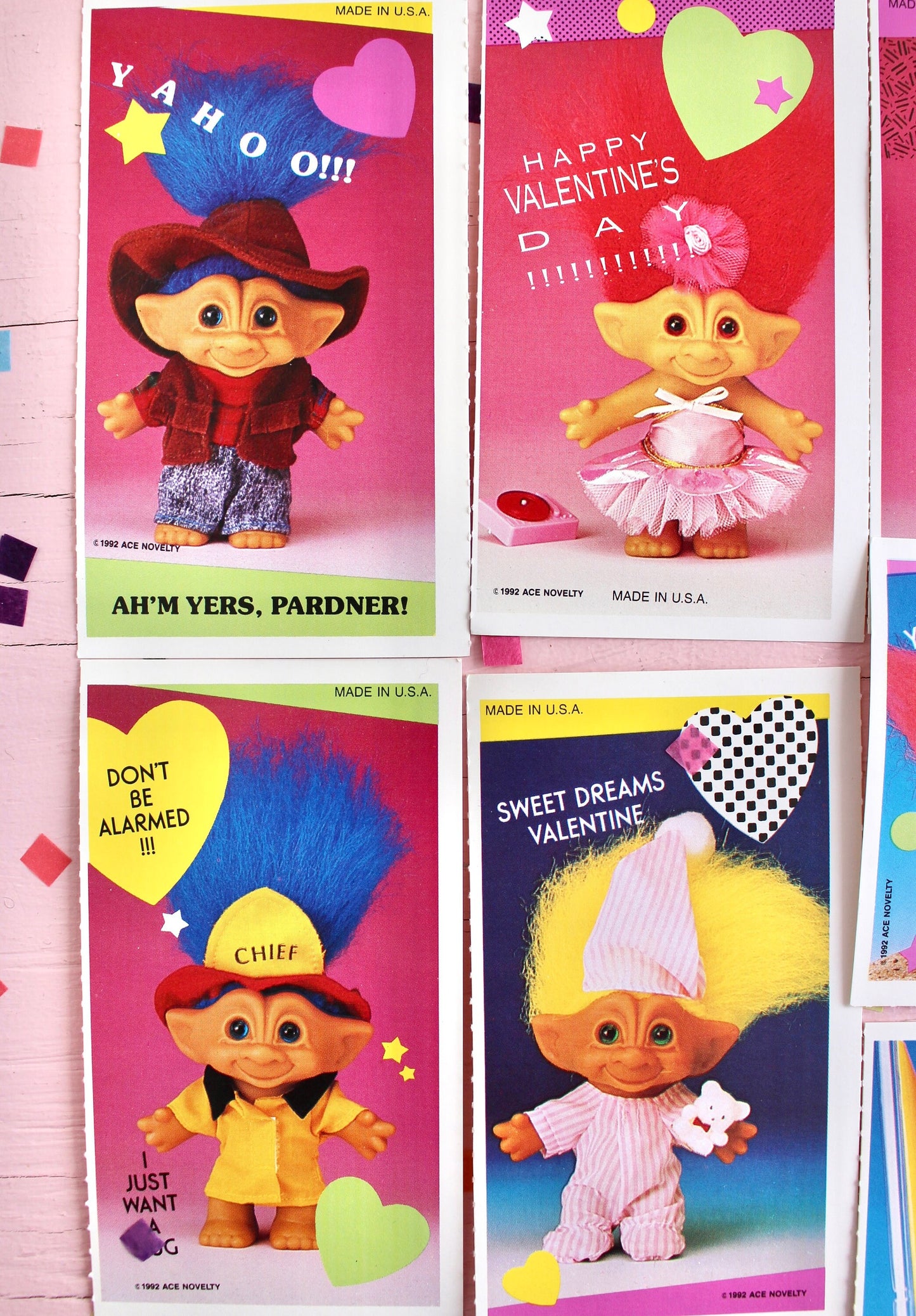 Treasure Troll Vintage Valentine Cards Random Set of 6, 90s Ace Novelty Trolls Classroom Valentines, 1990s Troll Toy Nostalgia