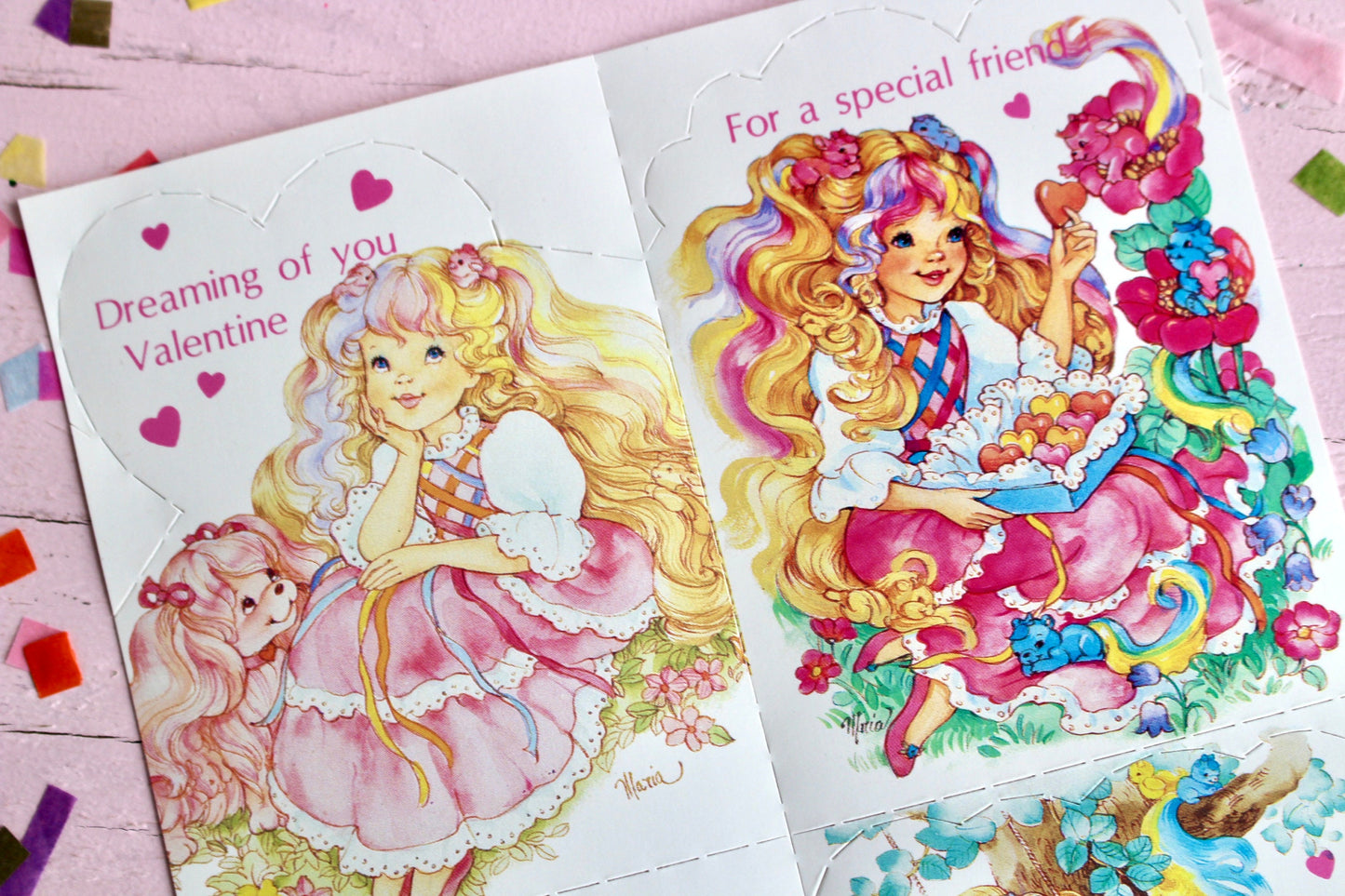 Lady Lovely Locks Vintage Valentine Cards Set of 4 with Envelopes, 80s Kids Pastel Kawaii Classroom Valentines, Whimsical Rainbow Valentines