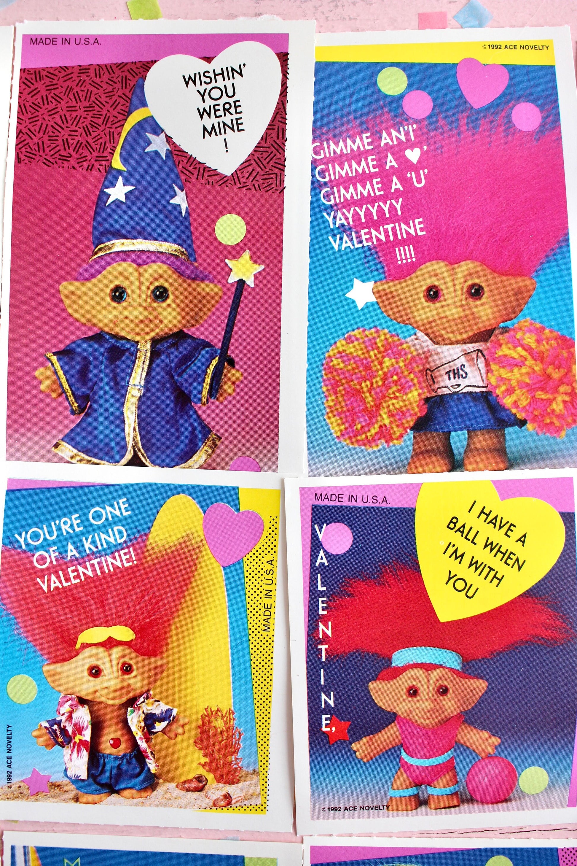 Treasure Troll Vintage Valentine Cards Random Set of 6, 90s Ace Novelty Trolls Classroom Valentines, 1990s Troll Toy Nostalgia