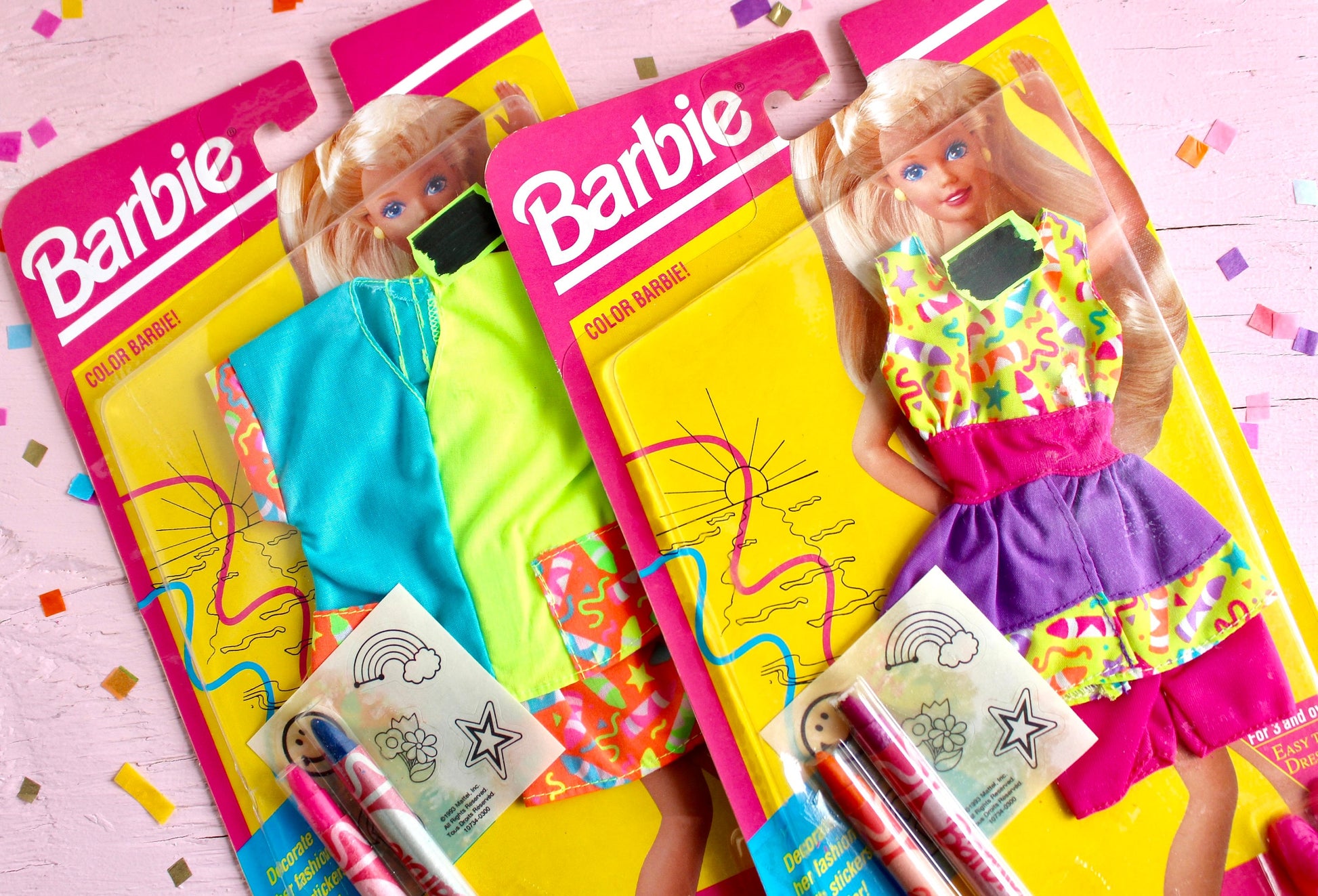 90s Barbie Doll Fashion Clothes, My First Fashion Outfit, Vintage Barbie Neon Crayon Stickers Shirt Shorts, Drawing Activity Barbie Doll