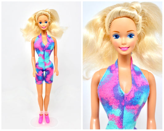 1991 Fashion Play Barbie Blonde Doll with Pink Purple Blue Bodysuit, Vintage 90s Barbie Fashion, Tye Dye Barbie Doll