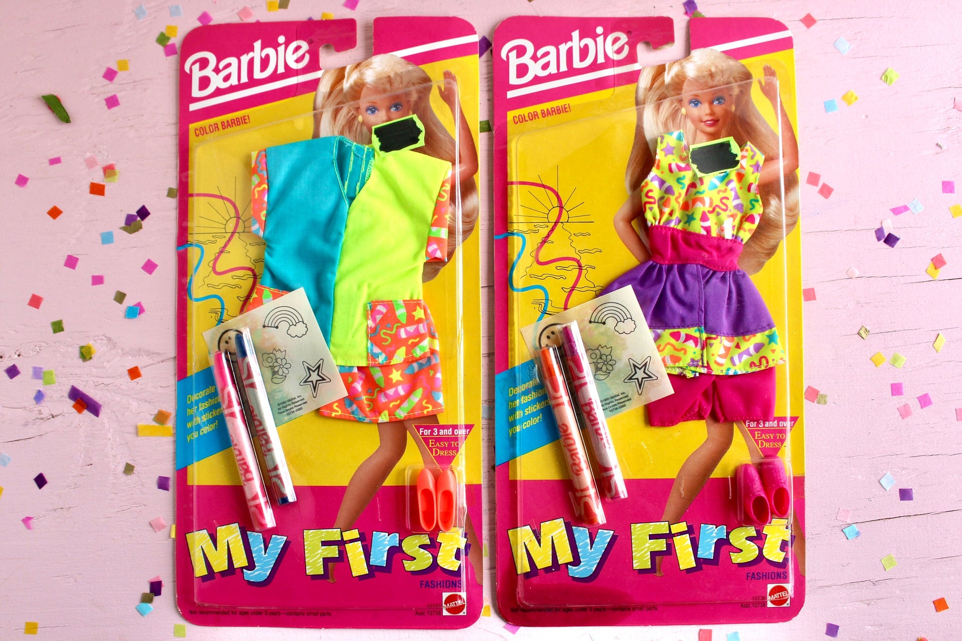 90s Barbie Doll Fashion Clothes, My First Fashion Outfit, Vintage Barbie Neon Crayon Stickers Shirt Shorts, Drawing Activity Barbie Doll