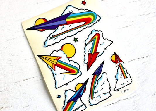 Vintage 80s Rainbow Rocket Stickers, 80s Retro Paper Airplane Sticker Sheet, Planner Scrapbook Junk Journal Supplies