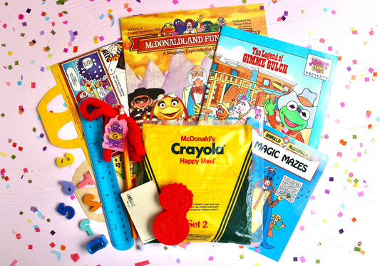 McDonalds Back to School Fun Pack, Vintage 80s Nostalgia Crayola Happy Meal Toy and Box Set, Lunchbox Pencil Eraser Ruler Magazine Books