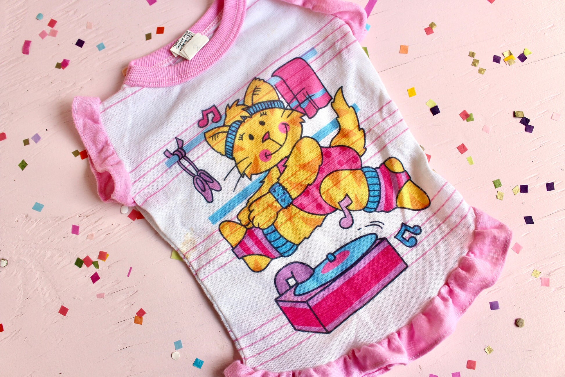 80s Exercise Cat Fleece Pajama Doll Dress, Vintage Doll Clothes, Pink 80s Baby Newborn PJ Outfit