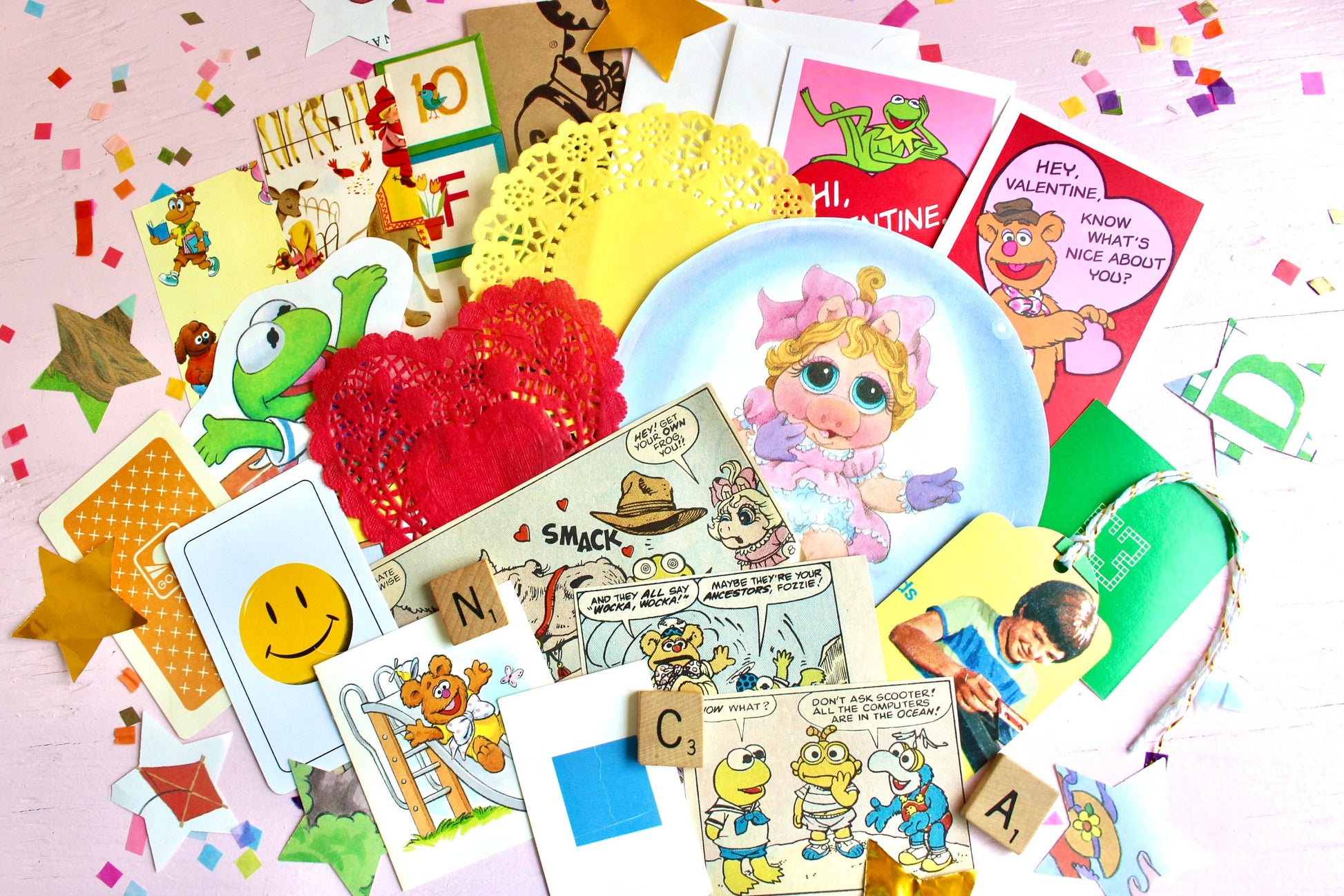 Muppet Babies Paper Ephemera Craft Pack, Vintage Muppets Cards Stickers Comic Strips Valentines, 80s Girl Scrapbook Journal Craft Supplies