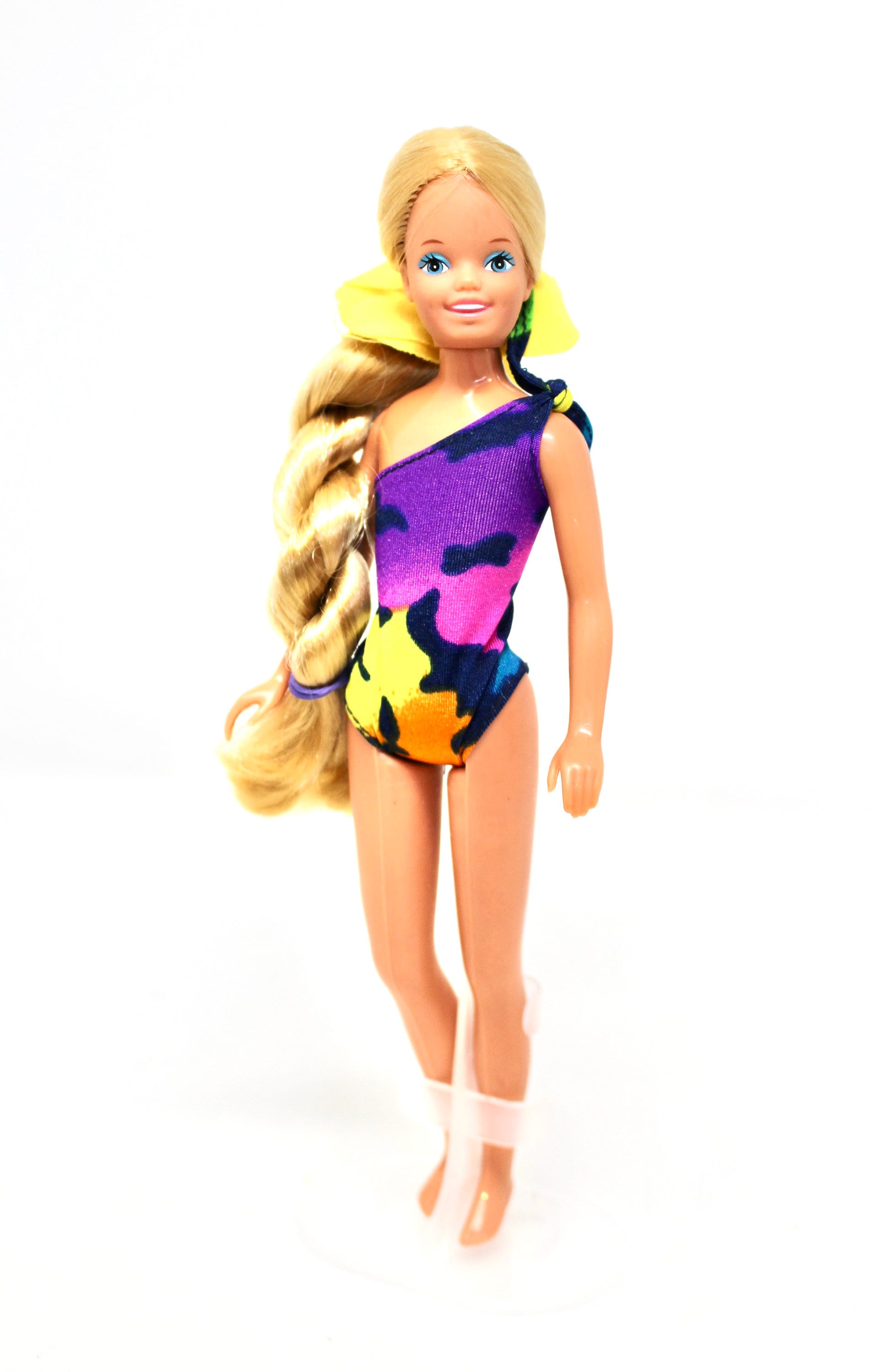 Tropical Skipper Barbie Fashion Doll, Vintage 80s Beach Barbies Sister, Navy Floral Swimsuit Yellow Sash, 80s Mattel Barbie Clothes