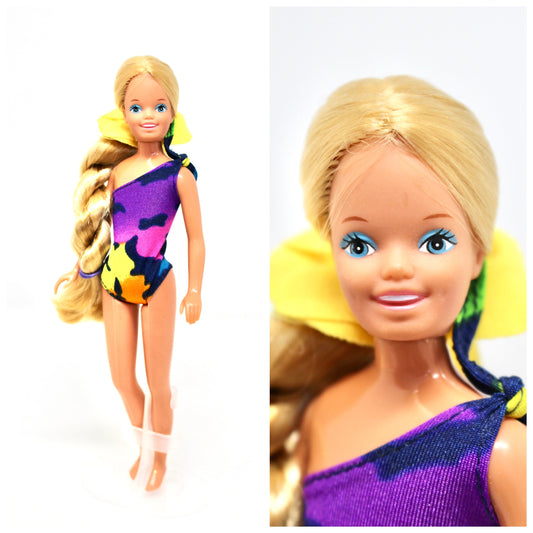 Tropical Skipper Barbie Fashion Doll, Vintage 80s Beach Barbies Sister, Navy Floral Swimsuit Yellow Sash, 80s Mattel Barbie Clothes