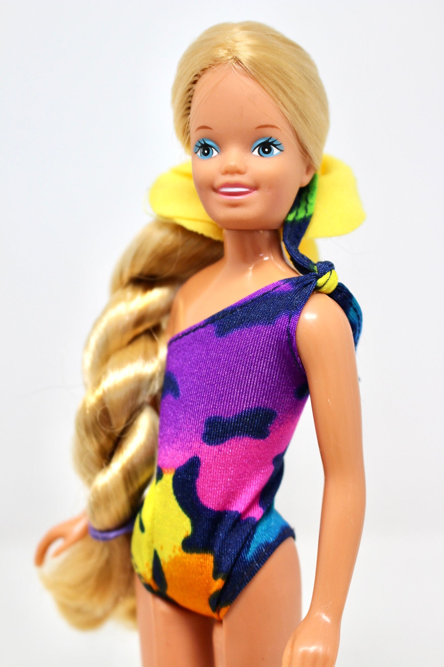 Tropical Skipper Barbie Fashion Doll, Vintage 80s Beach Barbies Sister, Navy Floral Swimsuit Yellow Sash, 80s Mattel Barbie Clothes