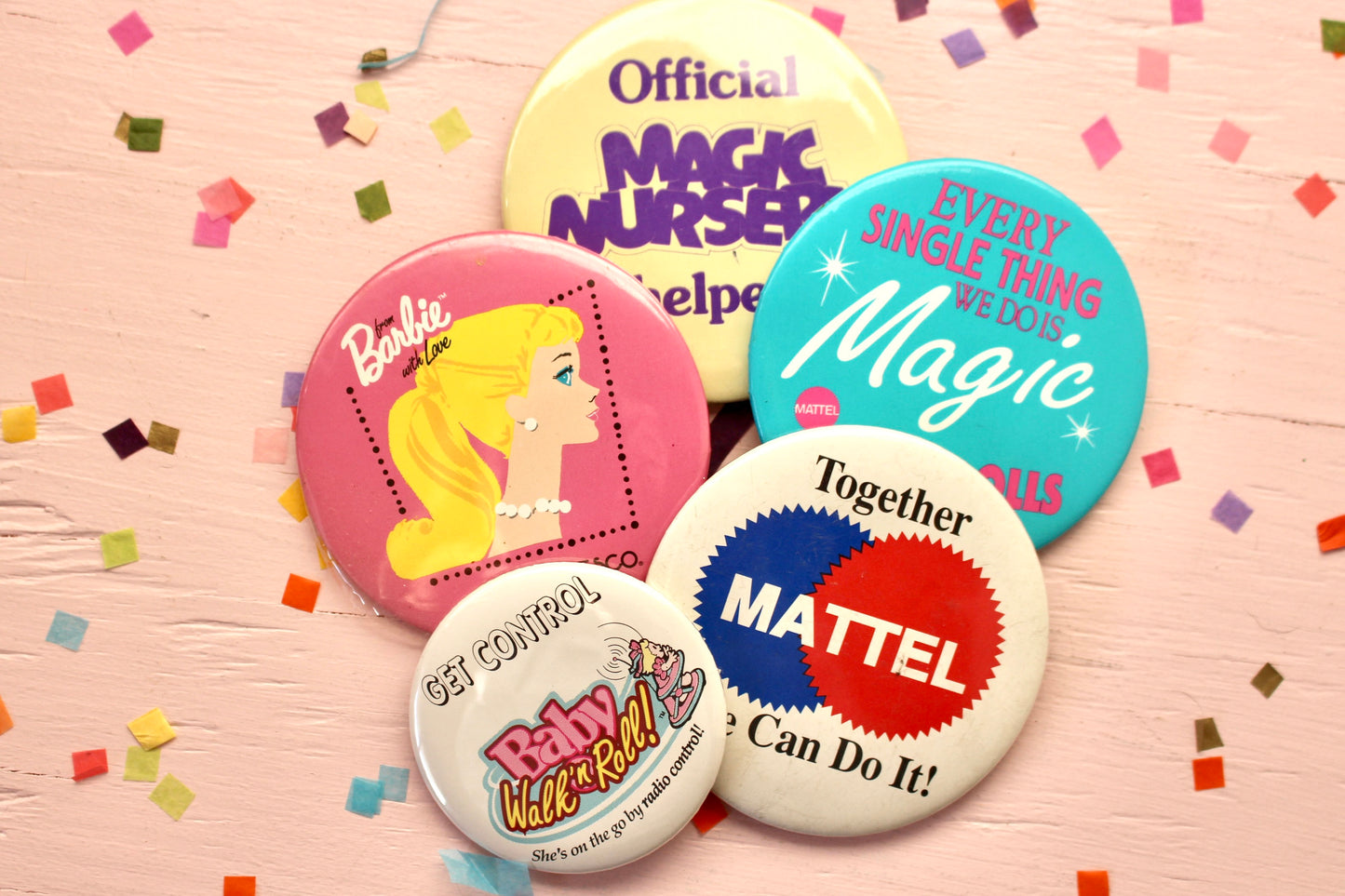 Vintage Mattel Toys Pinback Button, 1980s Barbie Baby Walk N Roll Magic Nursery Pins, Retro Toy Fair Collectible Promo Merchandise