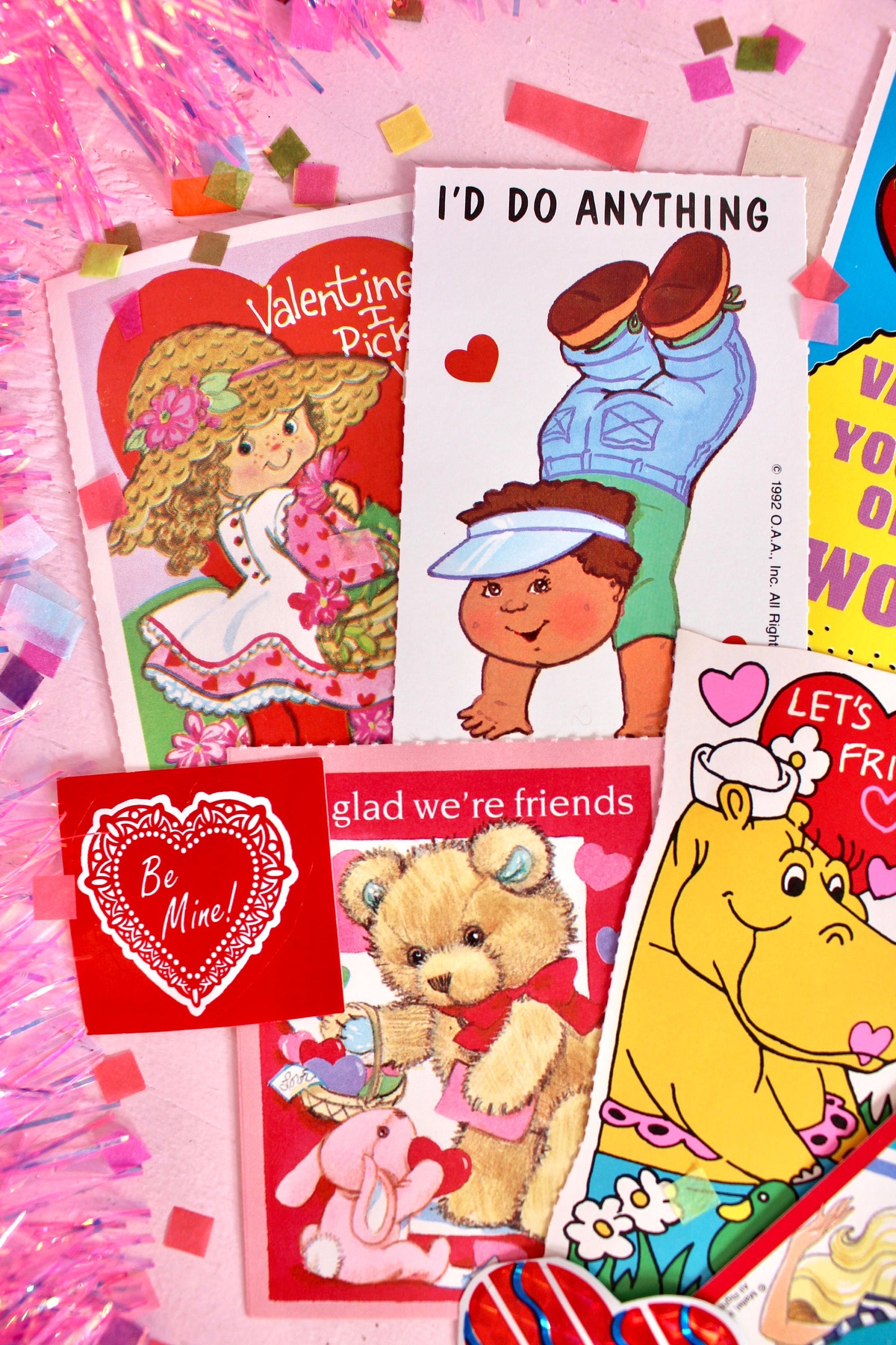 Vintage Classroom Valentine Card and Sticker Pack, Retro 80s Valentines Day Cards for Kids, Rainbow Brite Barbie Care Bears Paper Ephemera