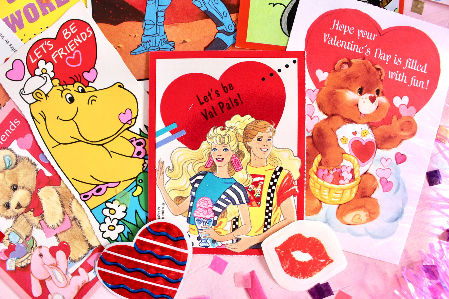 Vintage Classroom Valentine Card and Sticker Pack, Retro 80s Valentines Day Cards for Kids, Rainbow Brite Barbie Care Bears Paper Ephemera