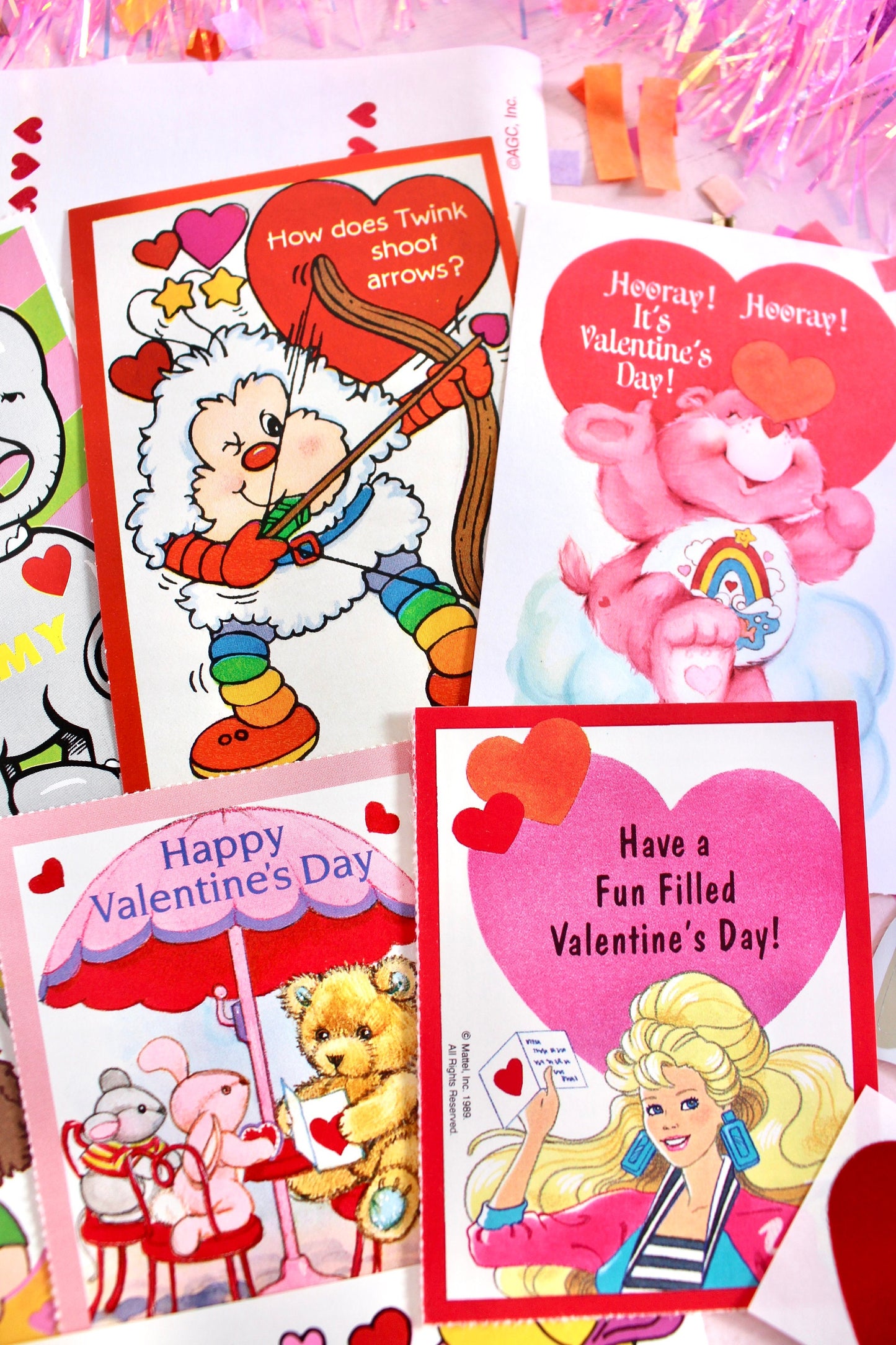 Vintage Classroom Valentine Card and Sticker Pack, Retro 80s Valentines Day Cards for Kids, Rainbow Brite Barbie Care Bears Paper Ephemera