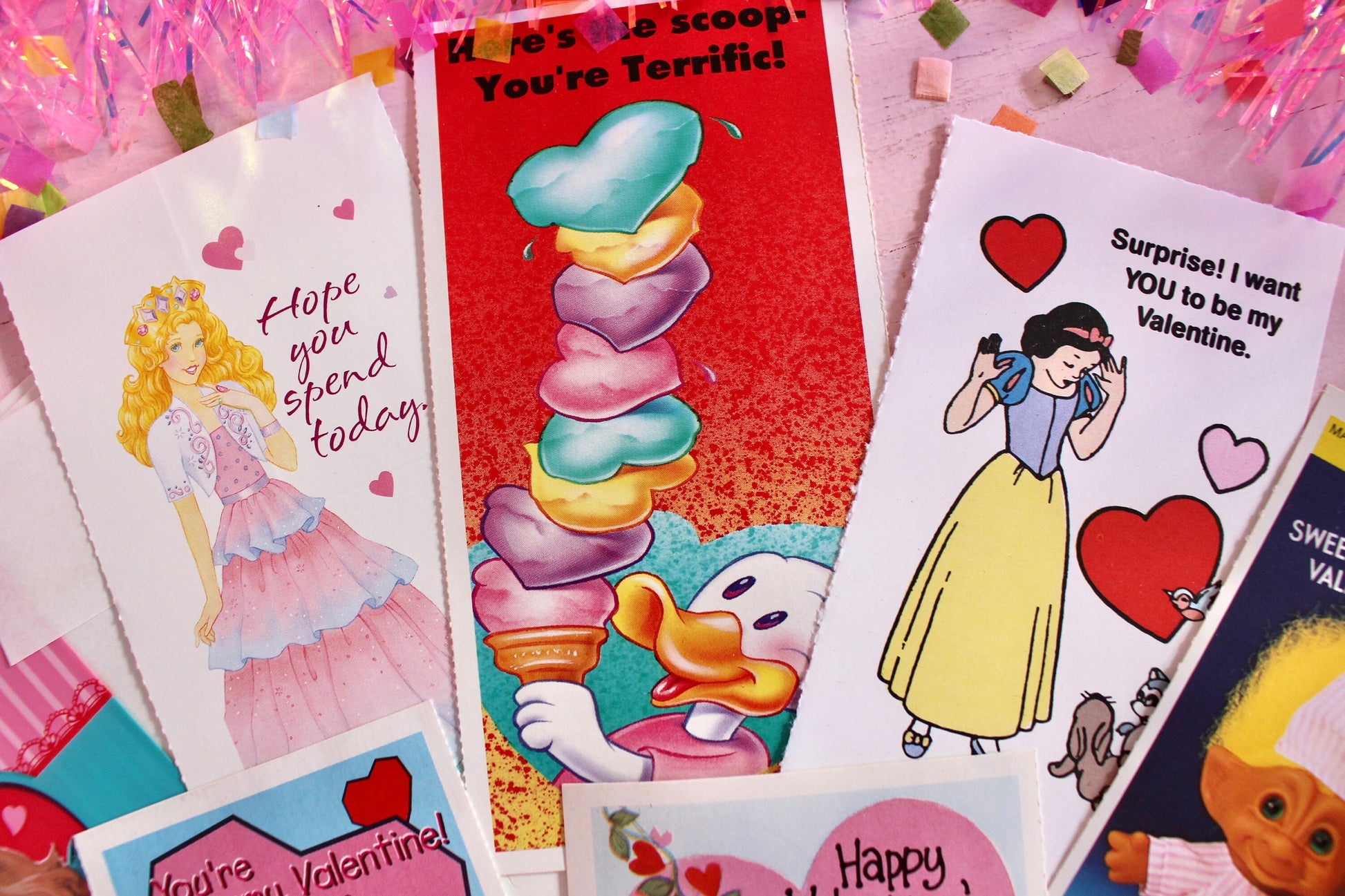 Vintage Classroom Valentine Card Sticker Pack, Retro 90s Valentines Day Cards for Kids, 90s Girl Pink Cartoon Toy Theme Valentines Gift