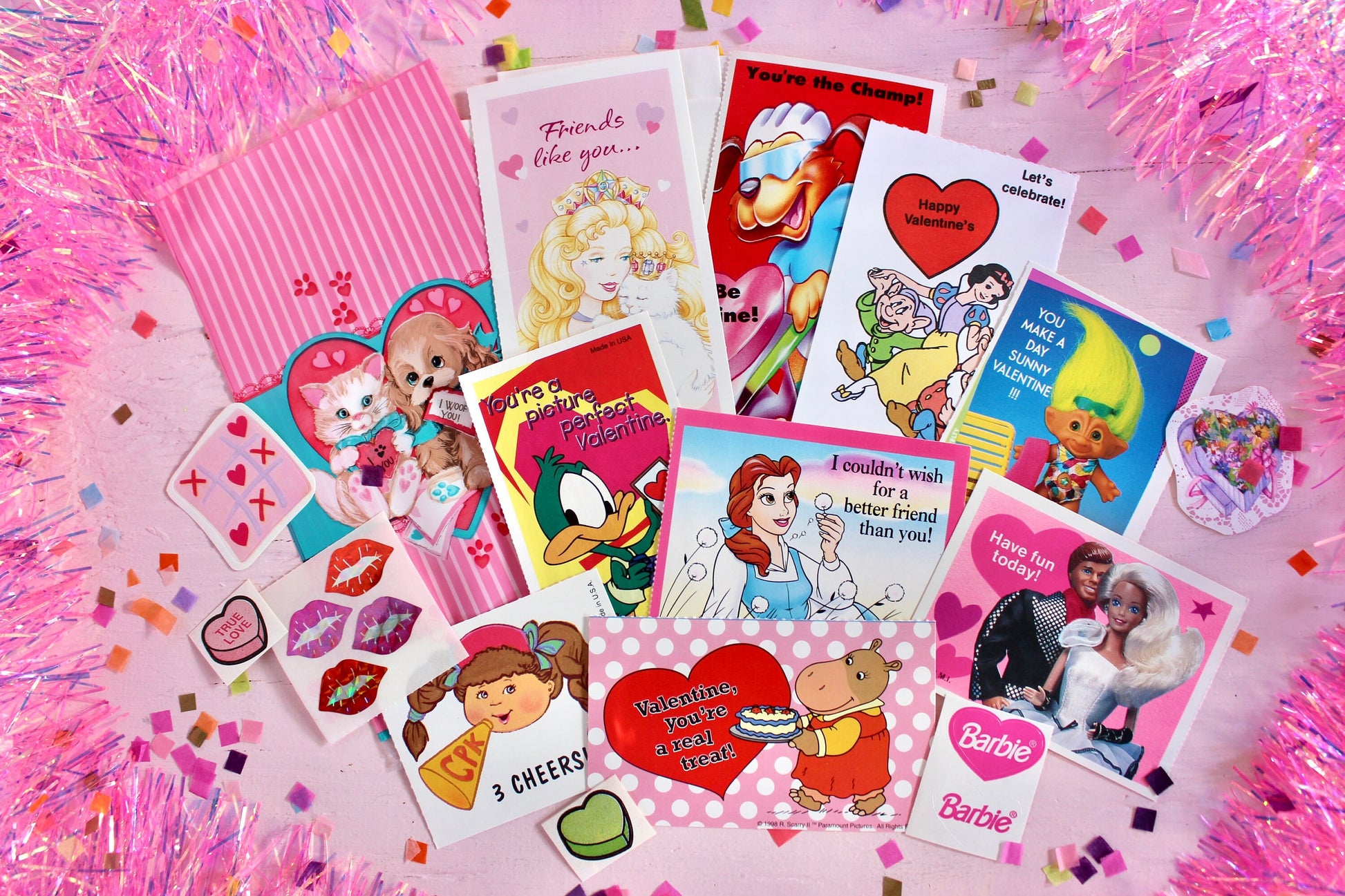 Vintage Classroom Valentine Card Sticker Pack, Retro 90s Valentines Day Cards for Kids, 90s Girl Pink Cartoon Toy Theme Valentines Gift