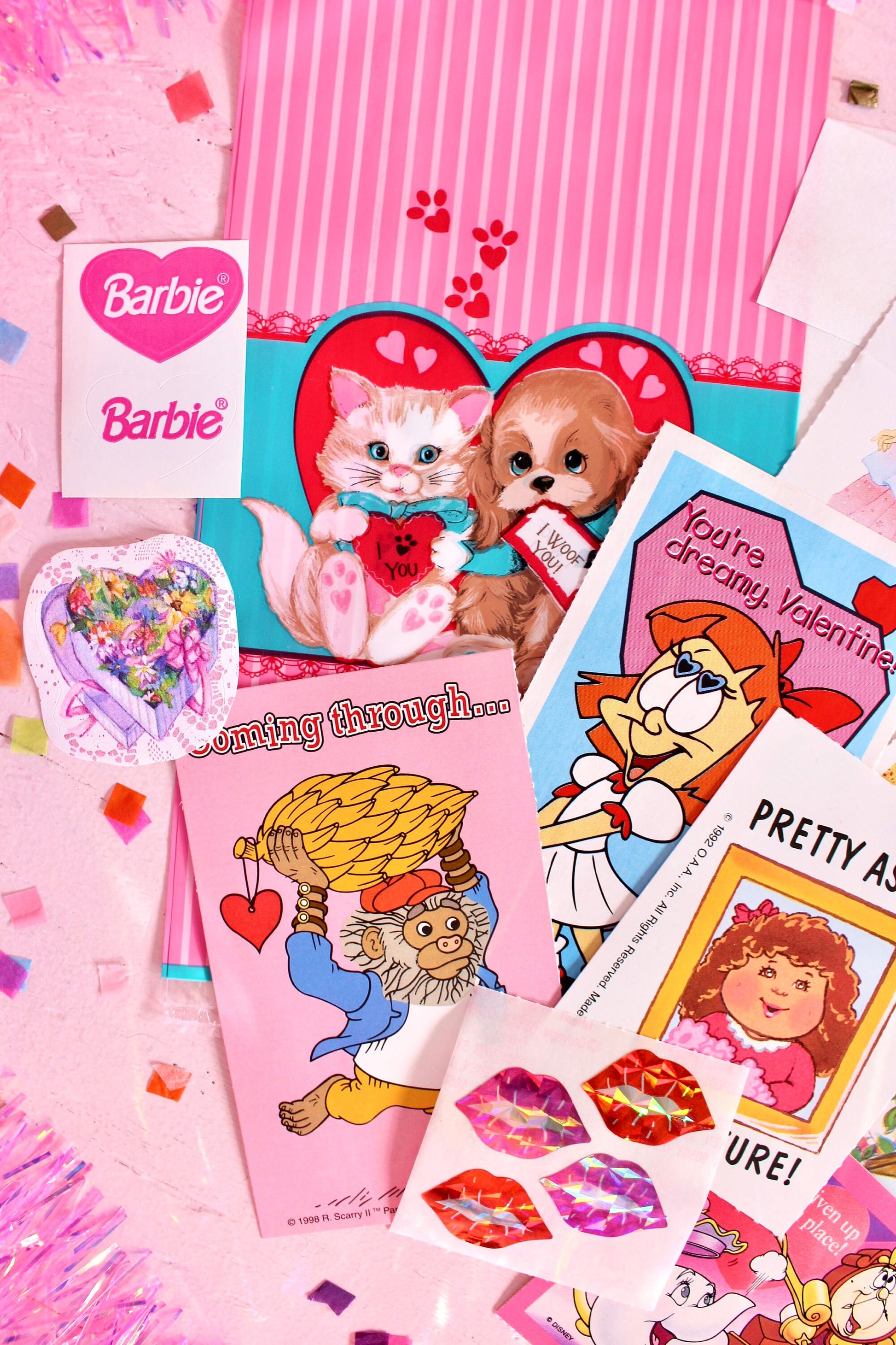 Vintage Classroom Valentine Card Sticker Pack, Retro 90s Valentines Day Cards for Kids, 90s Girl Pink Cartoon Toy Theme Valentines Gift