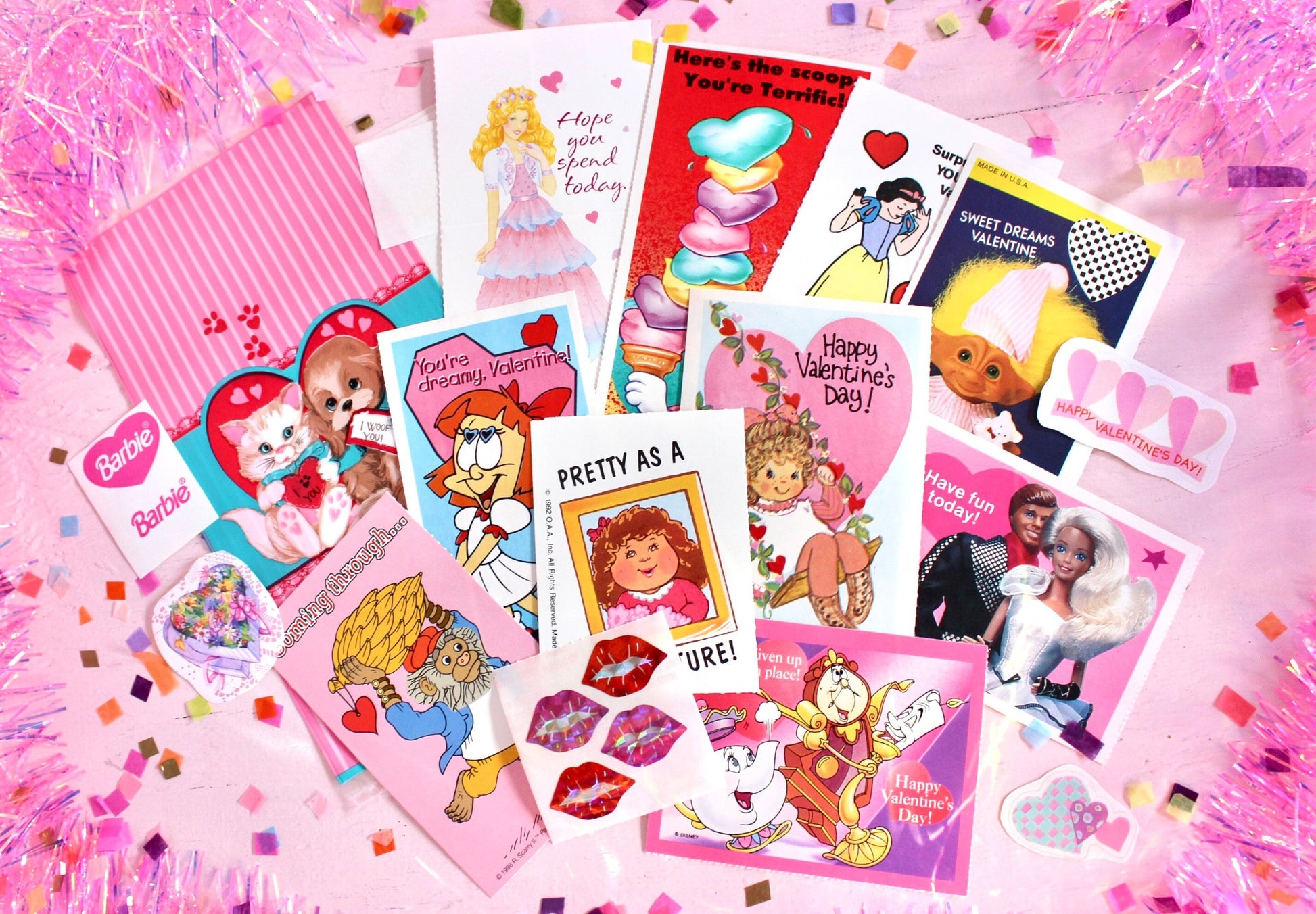 Vintage Classroom Valentine Card Sticker Pack, Retro 90s Valentines Day Cards for Kids, 90s Girl Pink Cartoon Toy Theme Valentines Gift