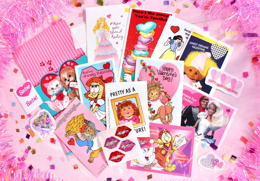 Vintage Classroom Valentine Card Sticker Pack, Retro 90s Valentines Day Cards for Kids, 90s Girl Pink Cartoon Toy Theme Valentines Gift