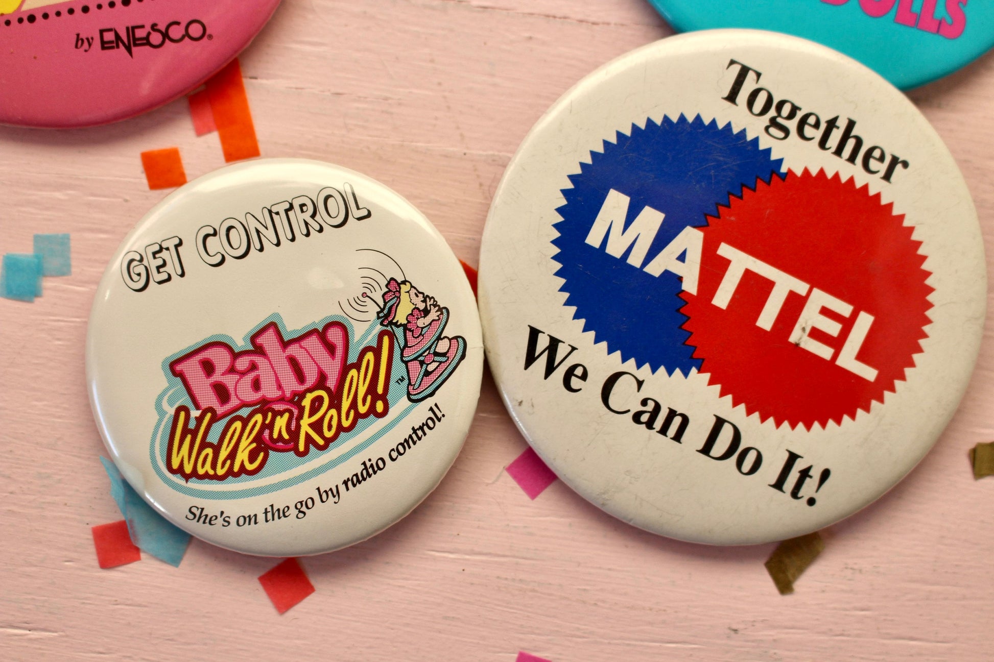 Vintage Mattel Toys Pinback Button, 1980s Barbie Baby Walk N Roll Magic Nursery Pins, Retro Toy Fair Collectible Promo Merchandise