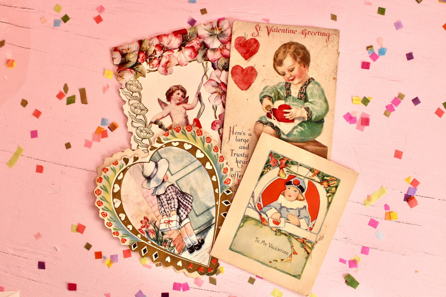 Antique Victorian Valentines Day Card Set of 4, Vintage 1900s Die Cut Paper Cherub Flowers Valentines Decor, Retro Valentine Craft Supplies