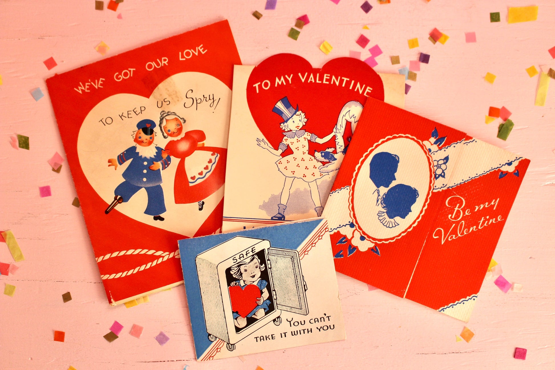 Midcentury Valentines Day Card Set of 4, Vintage 1950s Red Blue Valentines Day Decor, Retro Valentine Craft Supplies, Valentines Day Garland