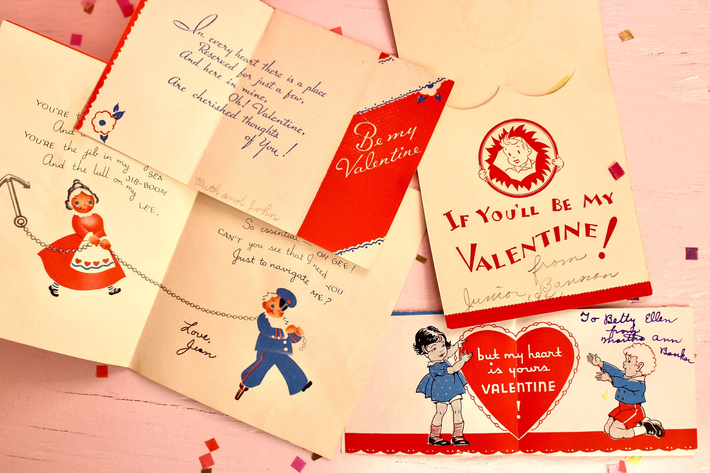 Midcentury Valentines Day Card Set of 4, Vintage 1950s Red Blue Valentines Day Decor, Retro Valentine Craft Supplies, Valentines Day Garland