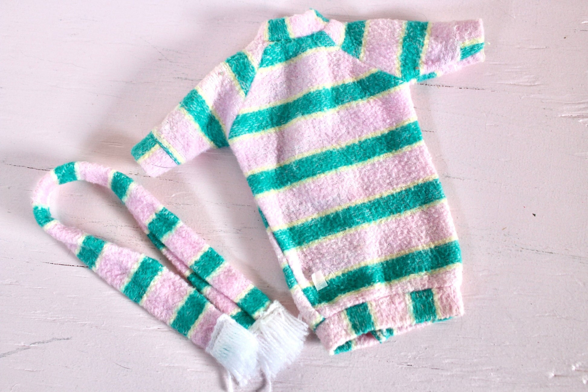 Vintage Barbie Sweater and Scard Set, Striped Pink Green Long Sleeve Barbie Shirt, Winter Barbie Style Outfit, Vintage 90s Barbie Clothes