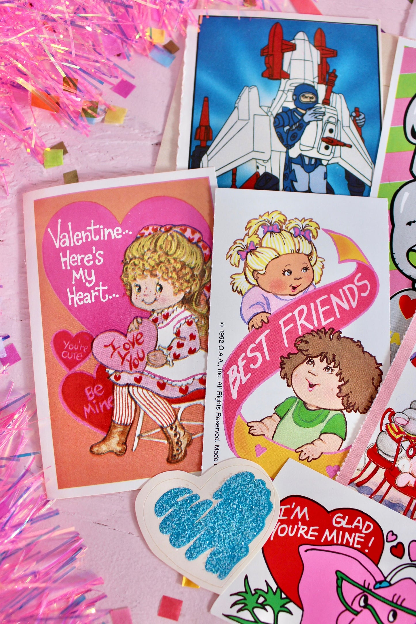 Vintage Classroom Valentine Card and Sticker Pack, Retro 80s Valentines Day Cards for Kids, Rainbow Brite Barbie Care Bears Paper Ephemera