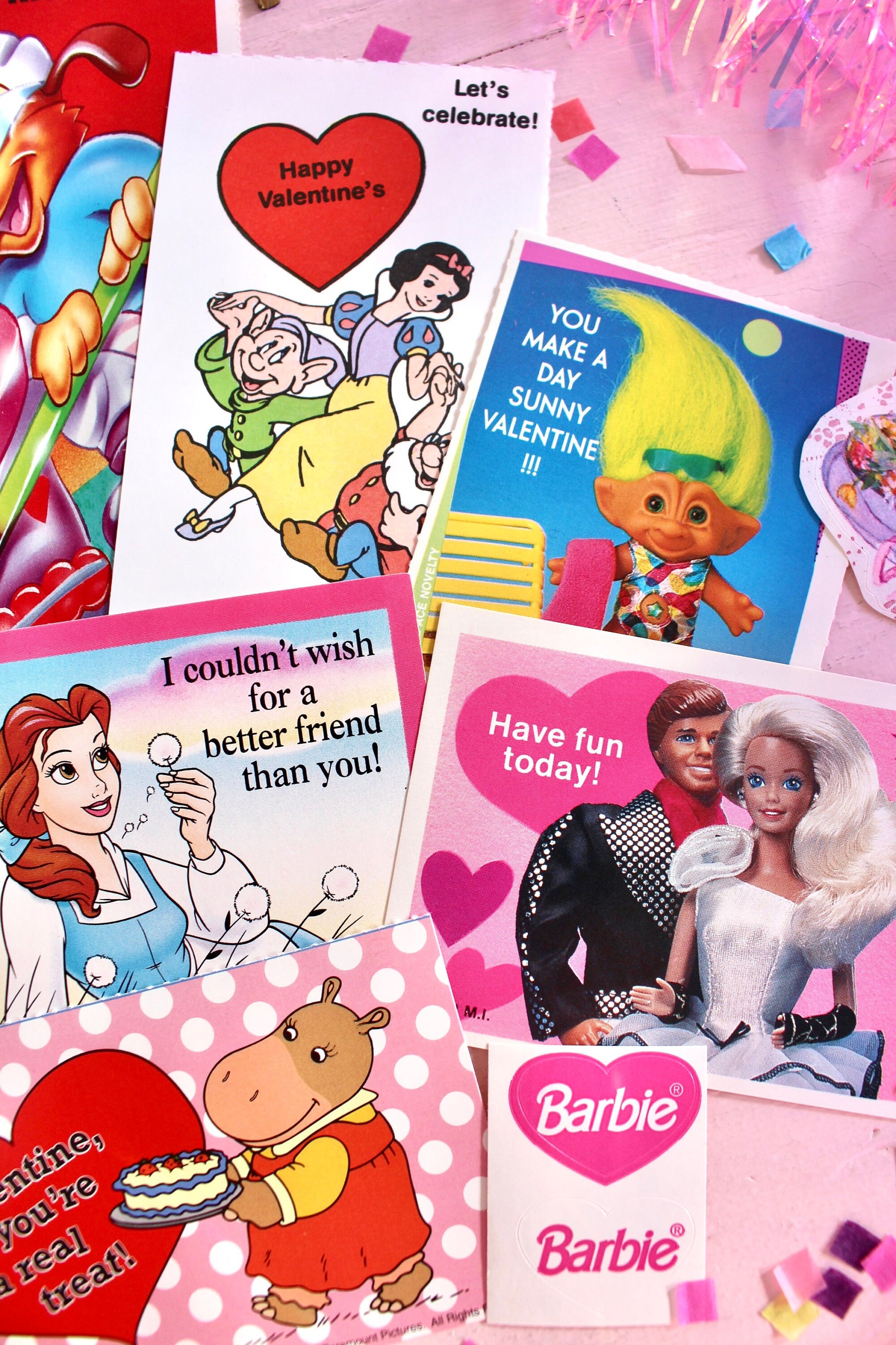 Vintage Classroom Valentine Card Sticker Pack, Retro 90s Valentines Day Cards for Kids, 90s Girl Pink Cartoon Toy Theme Valentines Gift