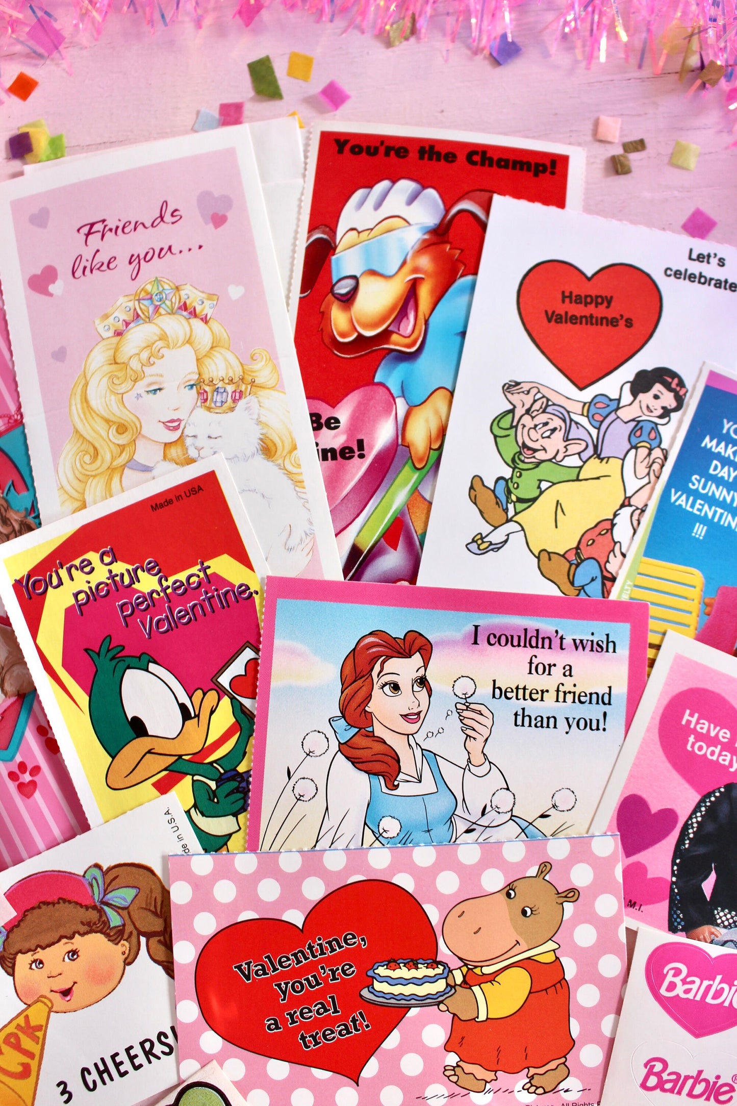 Vintage Classroom Valentine Card Sticker Pack, Retro 90s Valentines Day Cards for Kids, 90s Girl Pink Cartoon Toy Theme Valentines Gift