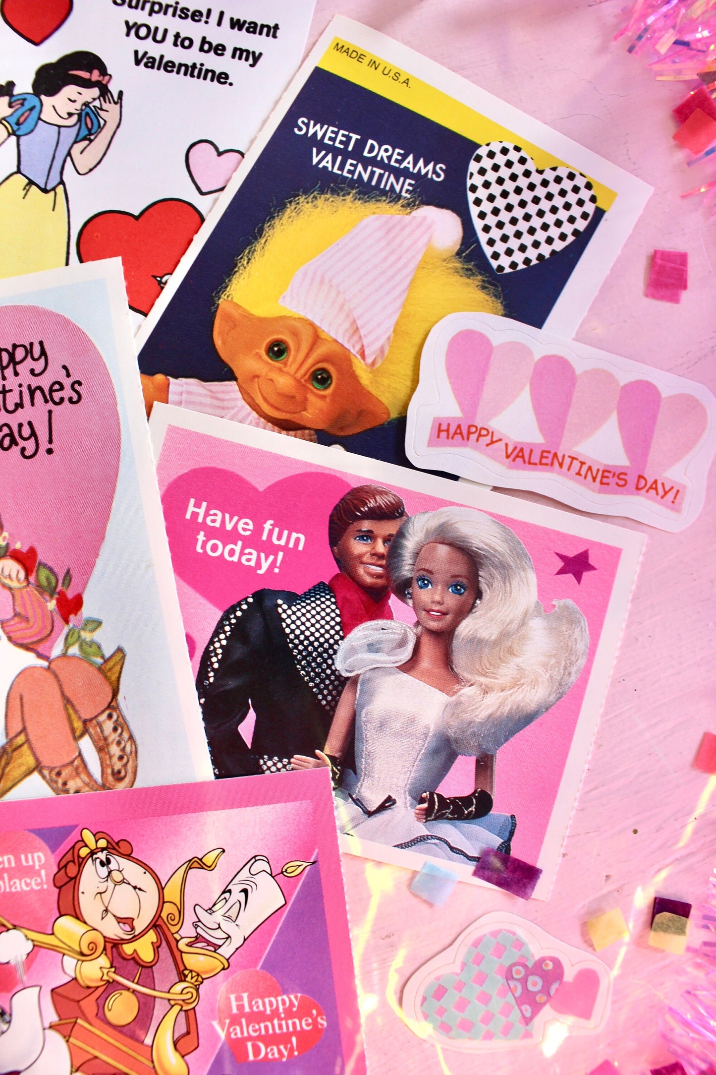 Vintage Classroom Valentine Card Sticker Pack, Retro 90s Valentines Day Cards for Kids, 90s Girl Pink Cartoon Toy Theme Valentines Gift