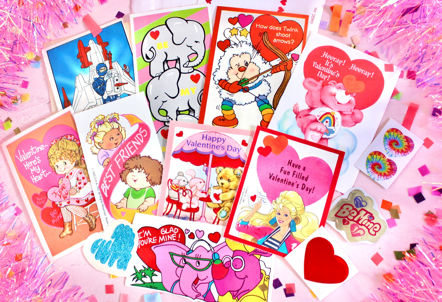 Vintage Classroom Valentine Card and Sticker Pack, Retro 80s Valentines Day Cards for Kids, Rainbow Brite Barbie Care Bears Paper Ephemera