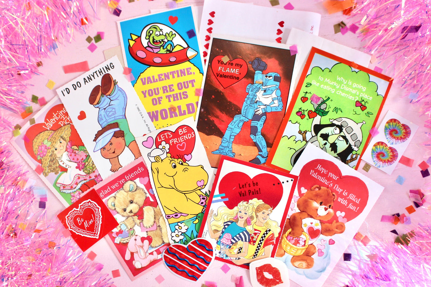 Vintage Classroom Valentine Card and Sticker Pack, Retro 80s Valentines Day Cards for Kids, Rainbow Brite Barbie Care Bears Paper Ephemera