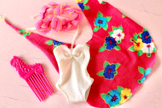 80s Island Fun Barbie Doll Beach Fashion and Accessories Set, Vintage Barbie White Swimsuit Pink Floral Sash, Beachy Barbie Hawaiian Outfit