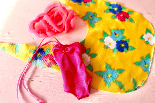 80s Island Fun Kira Doll Beach Fashion and Accessories Set, Vintage Barbie Pink Swimsuit Yellow Floral Sash, Beachy Barbie Hawaiian Outfit