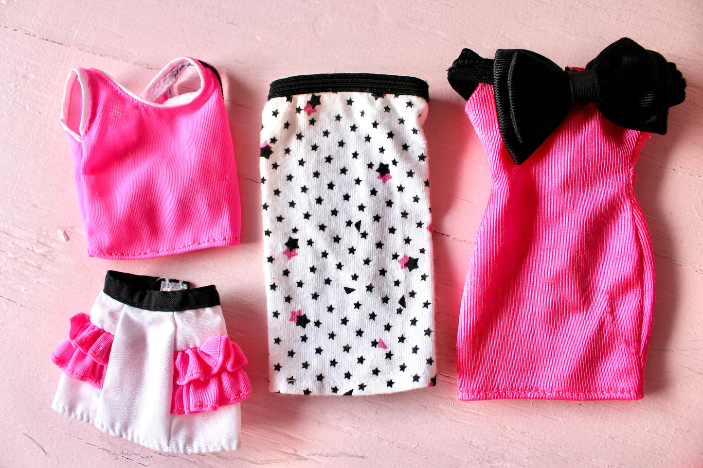 Barbie Doll Fashion and Accessories Set, Vintage 1980s Hot Pink White Black OOAK Barbie Fashions, Superstar Barbie Skirt Comb Purse Dress