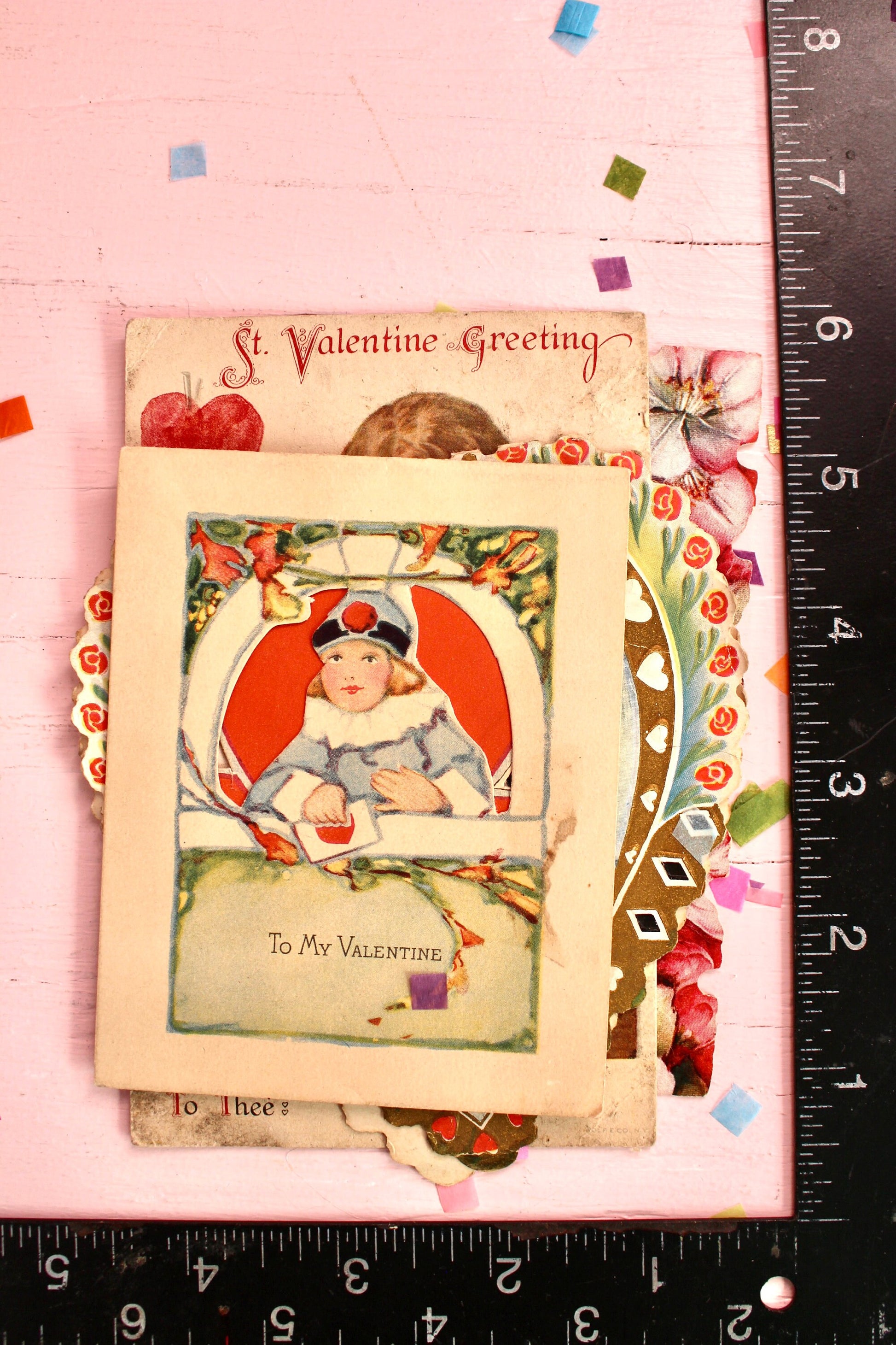 Antique Victorian Valentines Day Card Set of 4, Vintage 1900s Die Cut Paper Cherub Flowers Valentines Decor, Retro Valentine Craft Supplies