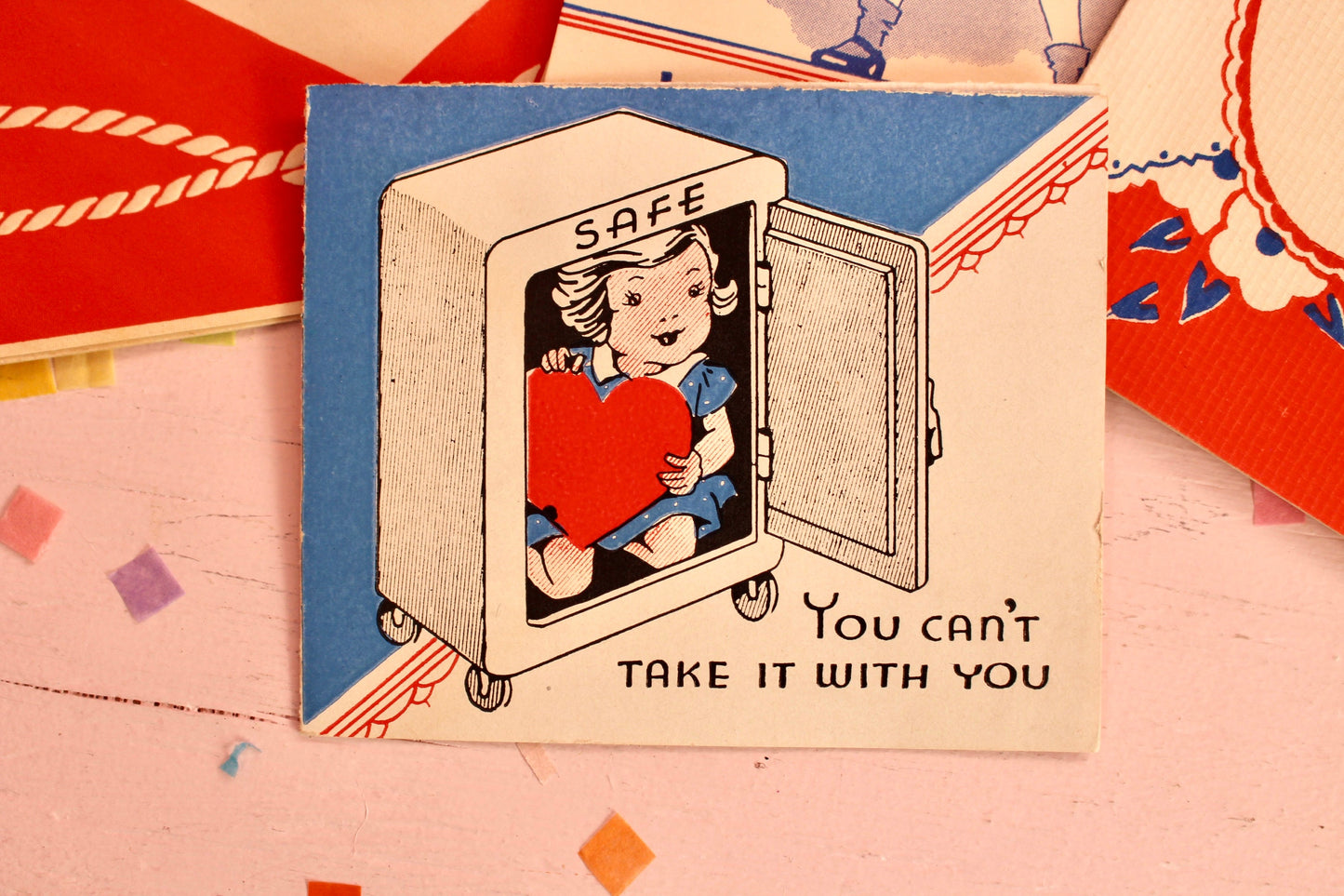 Midcentury Valentines Day Card Set of 4, Vintage 1950s Red Blue Valentines Day Decor, Retro Valentine Craft Supplies, Valentines Day Garland