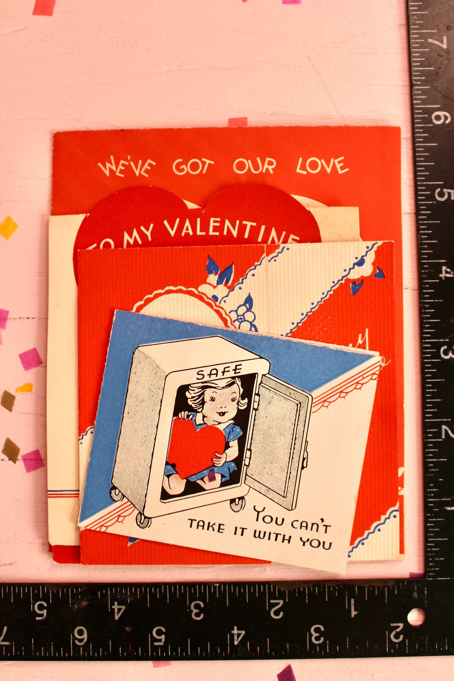 Midcentury Valentines Day Card Set of 4, Vintage 1950s Red Blue Valentines Day Decor, Retro Valentine Craft Supplies, Valentines Day Garland