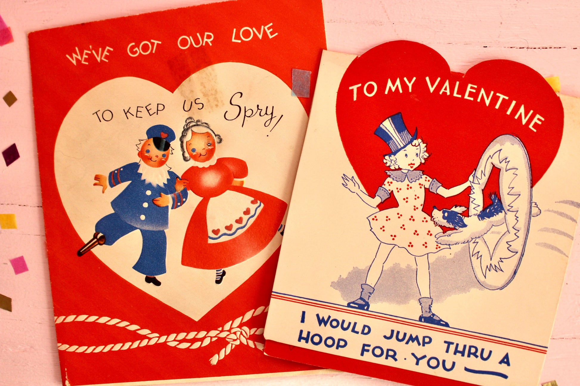 Midcentury Valentines Day Card Set of 4, Vintage 1950s Red Blue Valentines Day Decor, Retro Valentine Craft Supplies, Valentines Day Garland