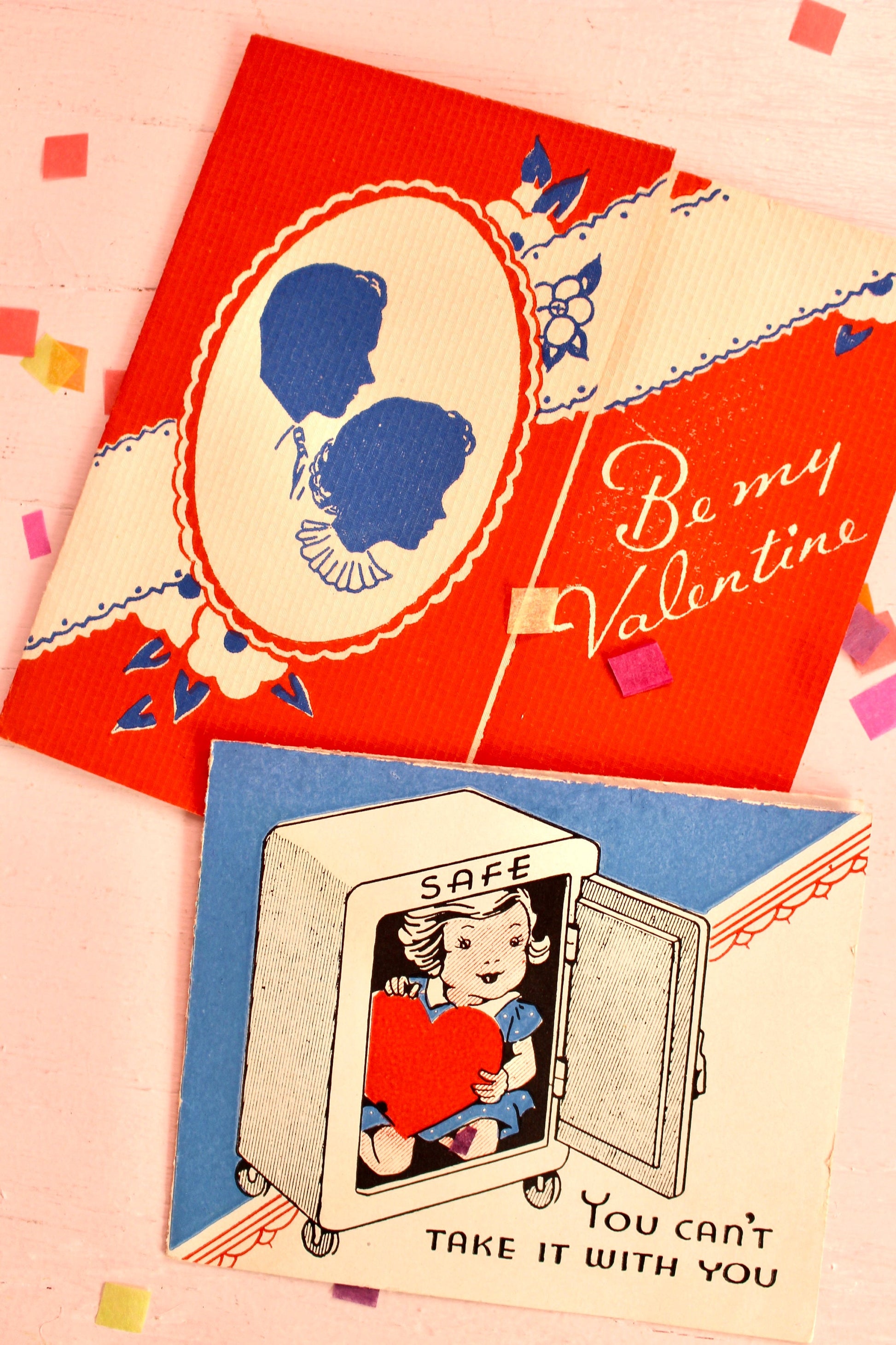 Midcentury Valentines Day Card Set of 4, Vintage 1950s Red Blue Valentines Day Decor, Retro Valentine Craft Supplies, Valentines Day Garland