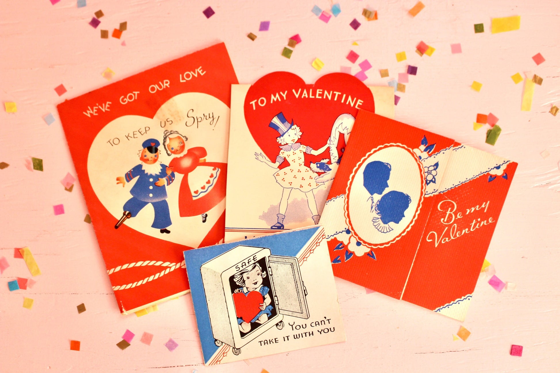 Midcentury Valentines Day Card Set of 4, Vintage 1950s Red Blue Valentines Day Decor, Retro Valentine Craft Supplies, Valentines Day Garland