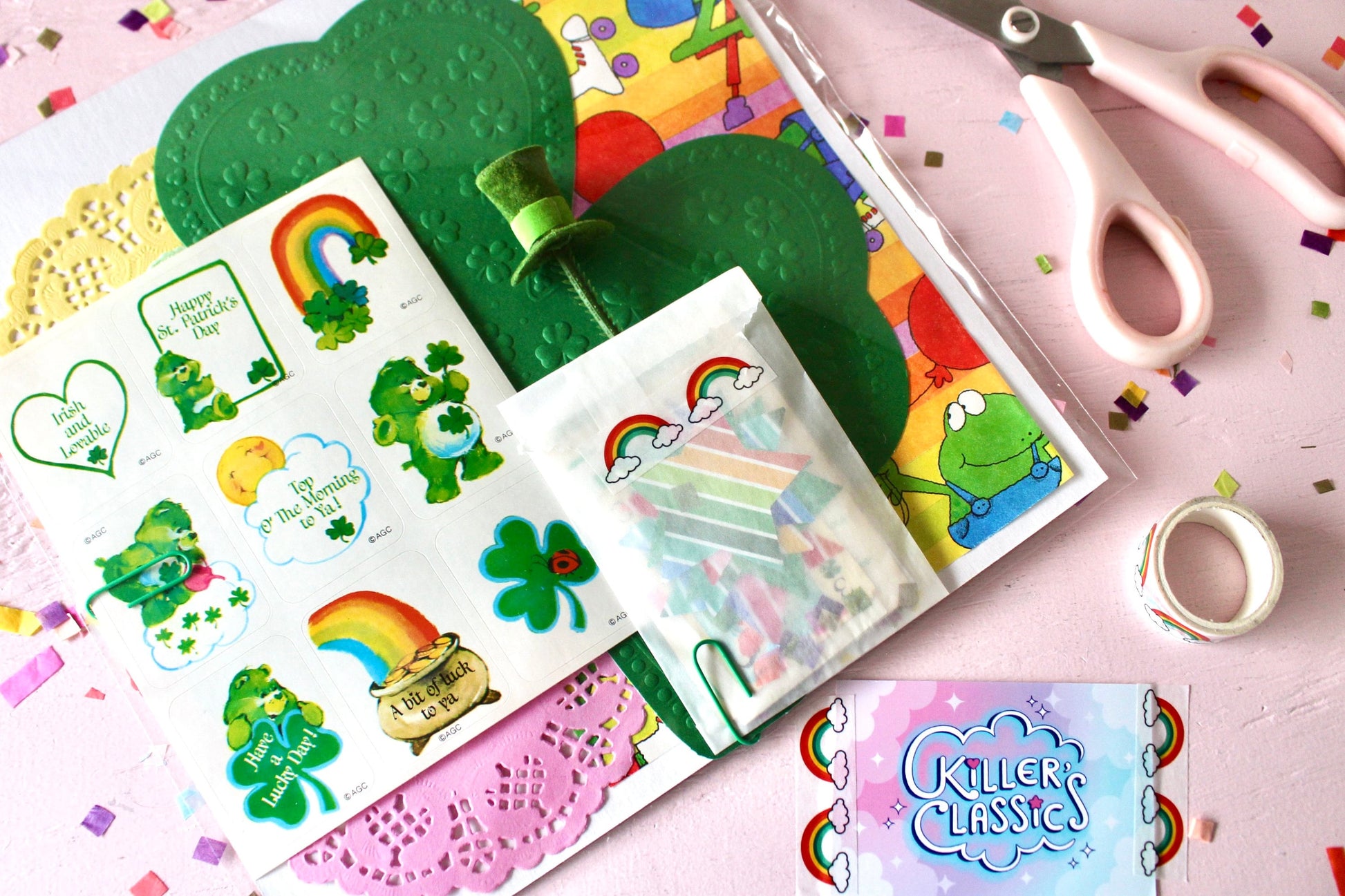 St Patricks Day Stationery Ephemera Pack, Vintage Good Luck Care Bear Stickers, Retro St Pattys Playing Cards, Green Junk Journal Supplies