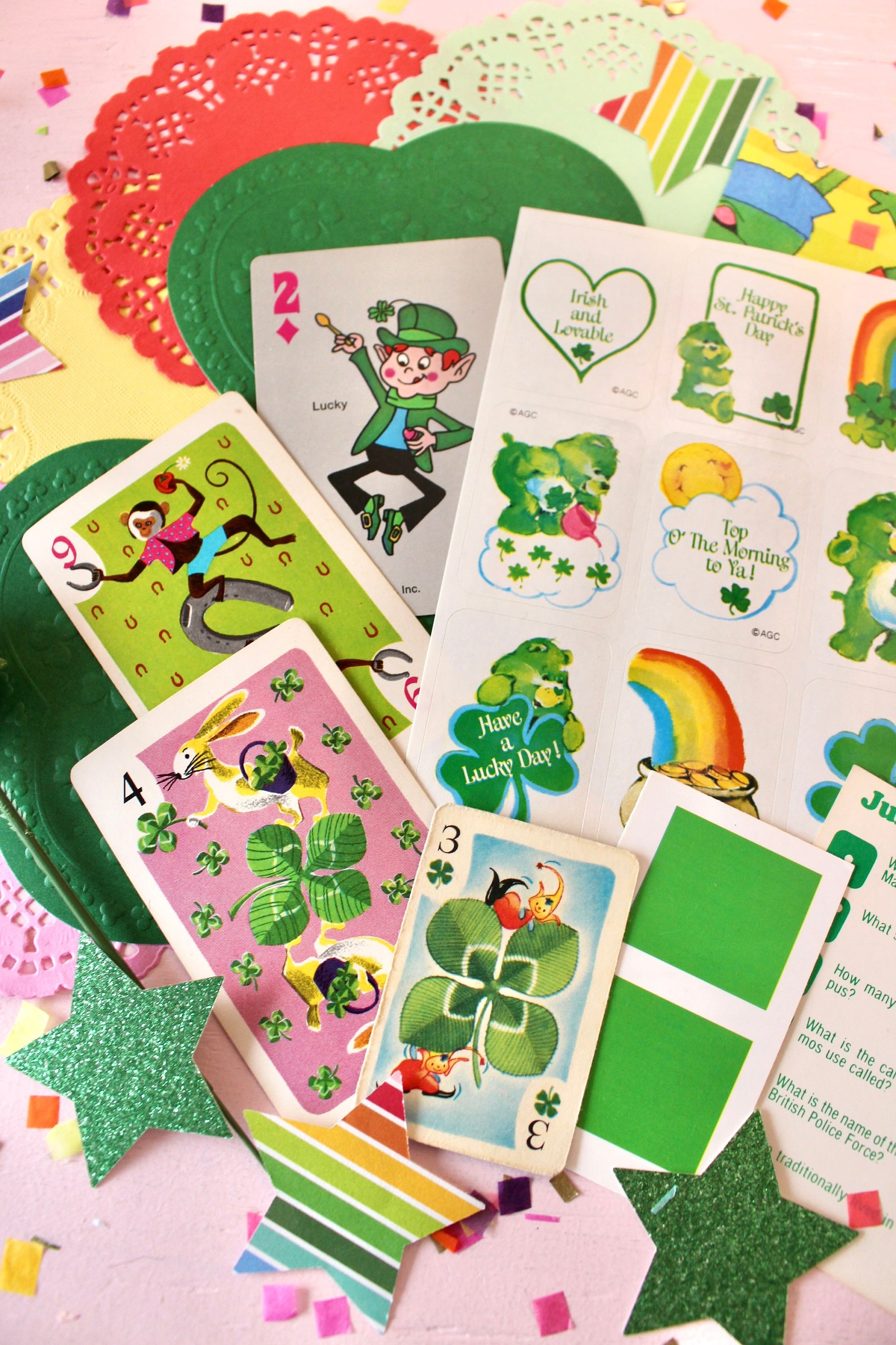 St Patricks Day Stationery Ephemera Pack, Vintage Good Luck Care Bear Stickers, Retro St Pattys Playing Cards, Green Junk Journal Supplies