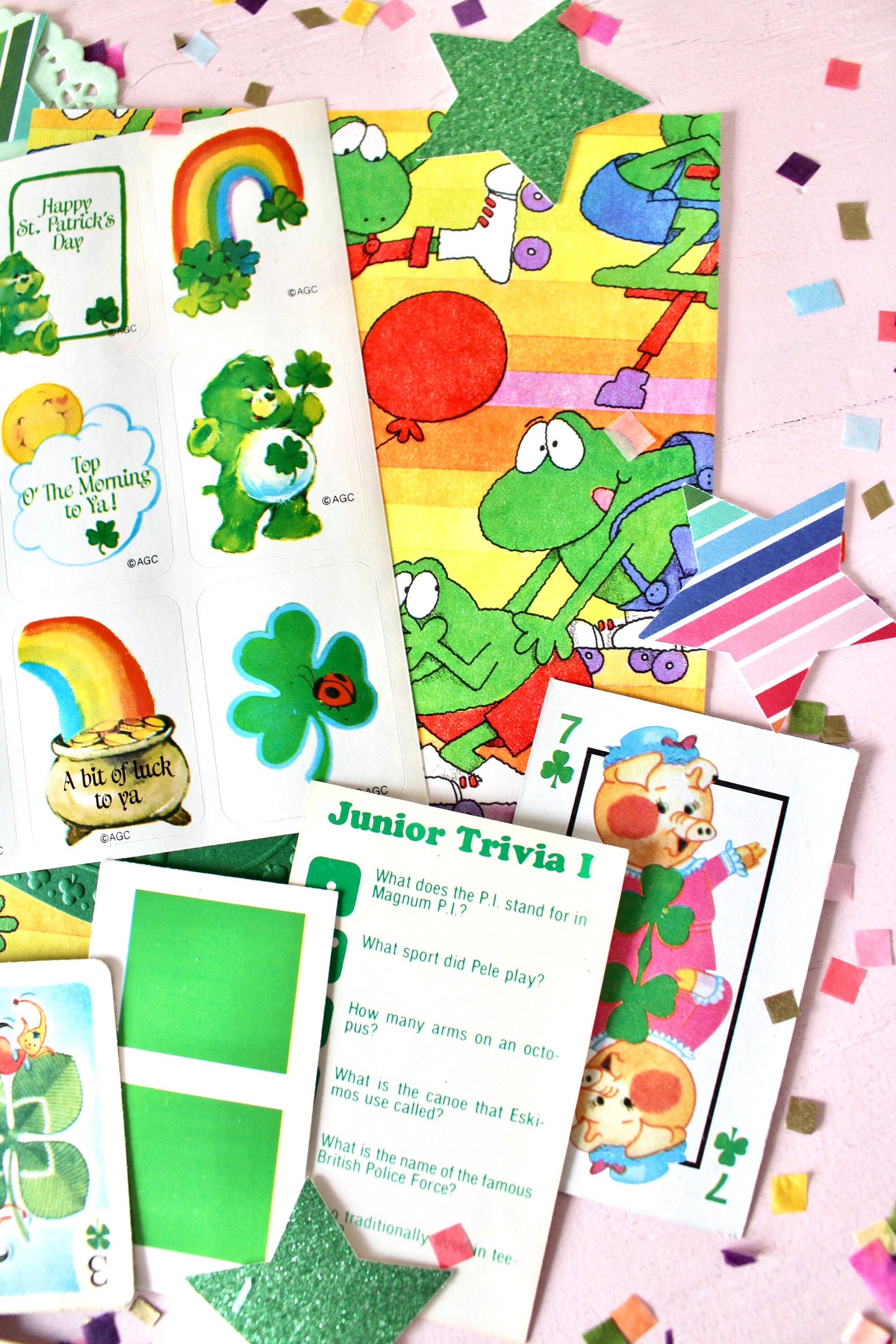 St Patricks Day Stationery Ephemera Pack, Vintage Good Luck Care Bear Stickers, Retro St Pattys Playing Cards, Green Junk Journal Supplies