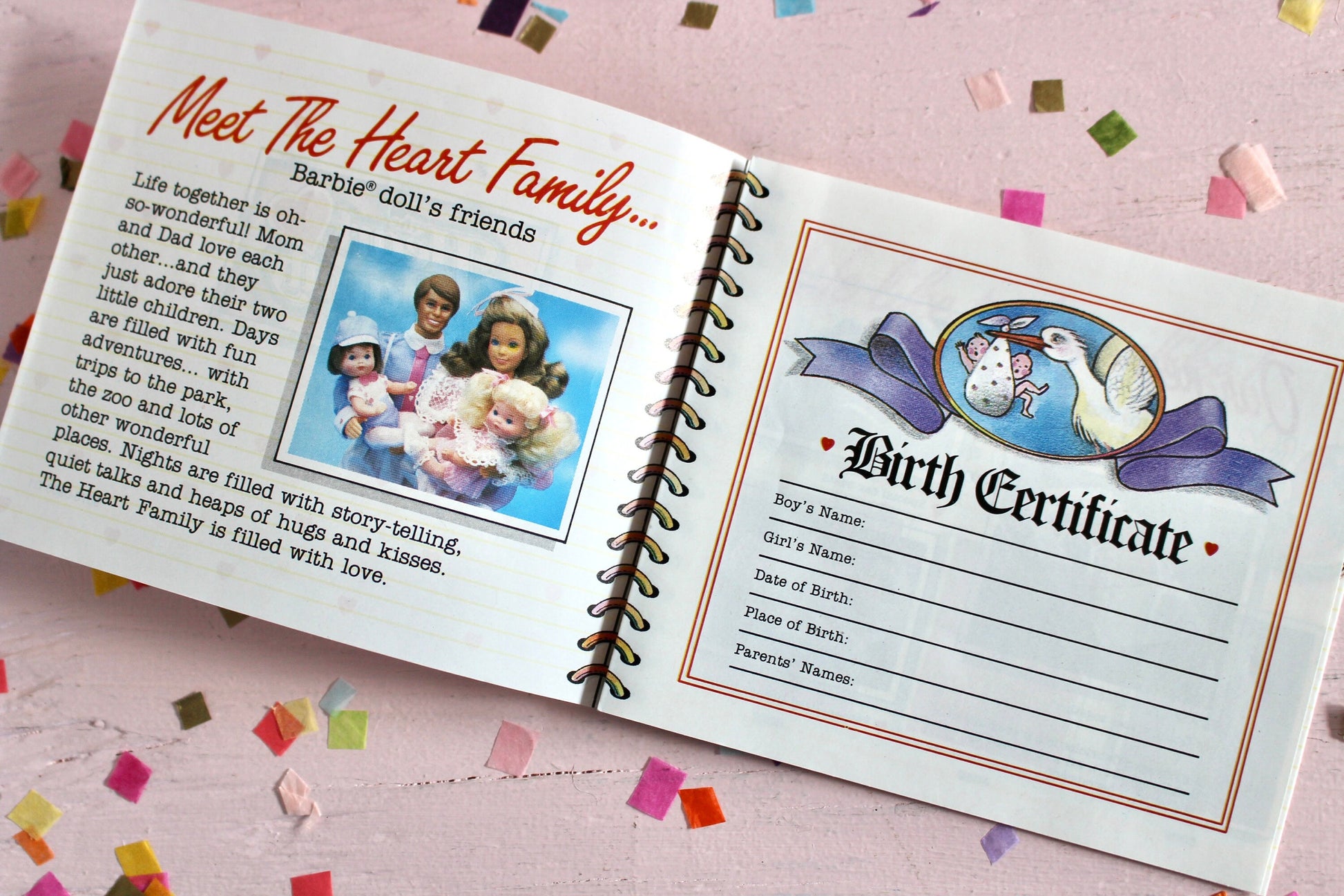 Vintage Heart Family Promotional Merchandise Booklet, 1980s Heart Mom Dad Girl Boy Baby Doll Fashions, Heart Family Birth Certificate