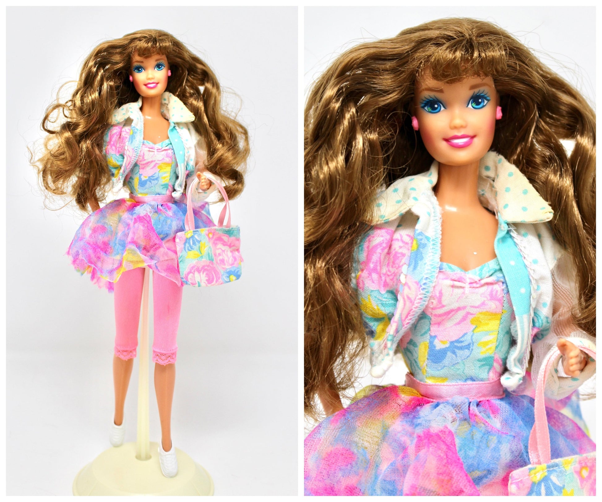 Teen Talk Barbie with Pink and White Floral Outfit, 90s Vintage Brunette Wavy Hair Teen Talk Doll, 90s Talking Barbie, 90s Barbie Clothes