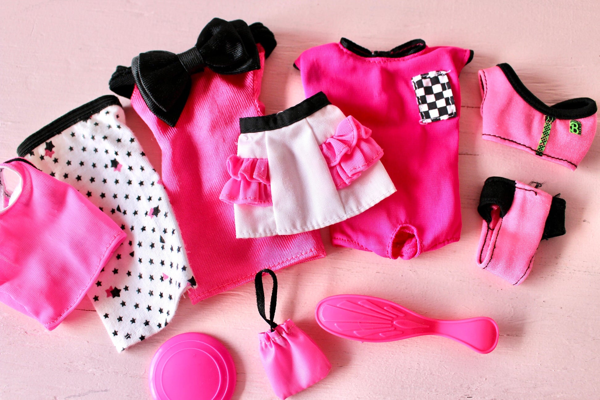 Barbie Doll Fashion and Accessories Set, Vintage 1980s Hot Pink White Black OOAK Barbie Fashions, Superstar Barbie Skirt Comb Purse Dress